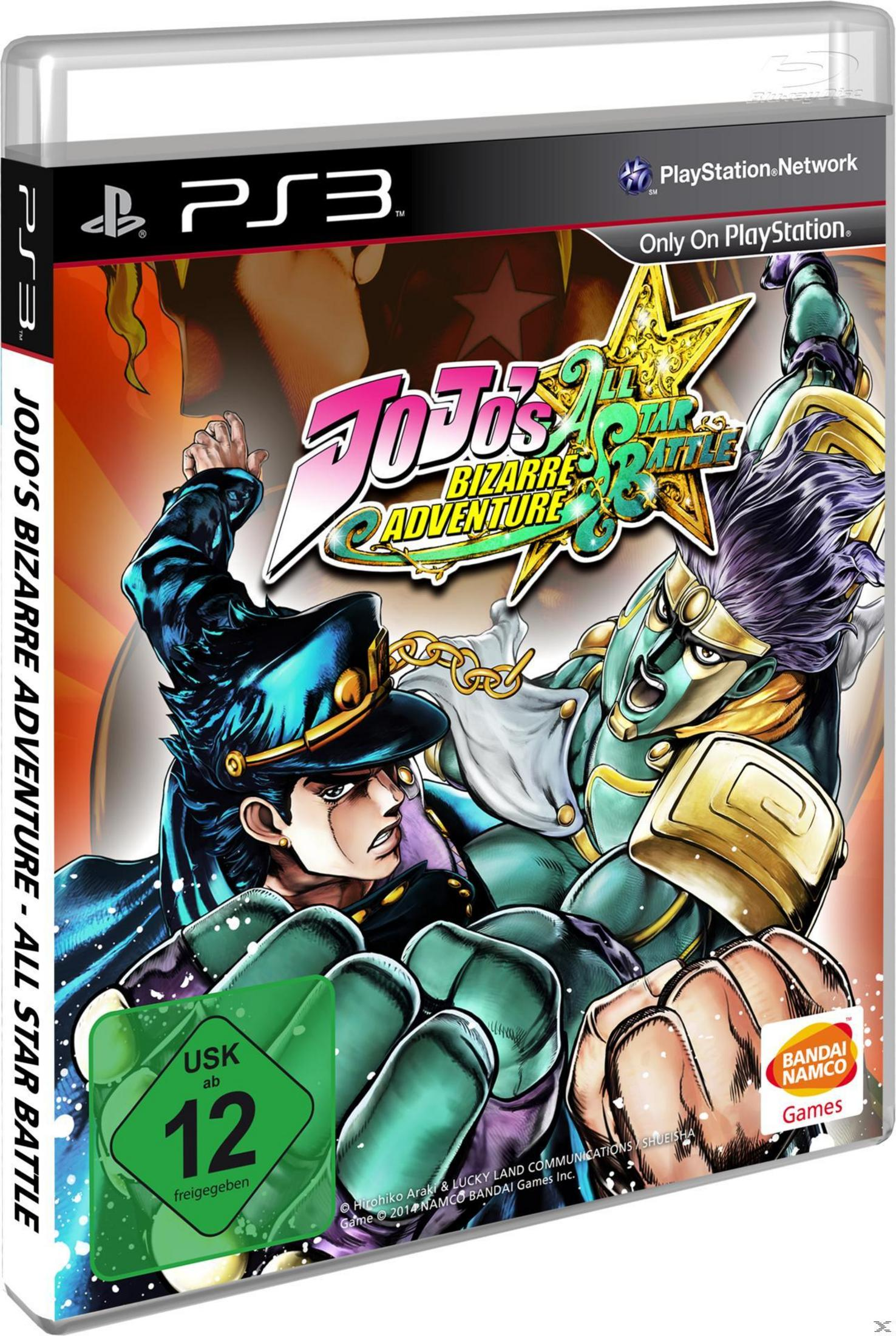 Spielcover: JoJo's Bizarre Adventure. Zwei Charaktere in Kampfpose. PS3-Logo ist sichtbar.