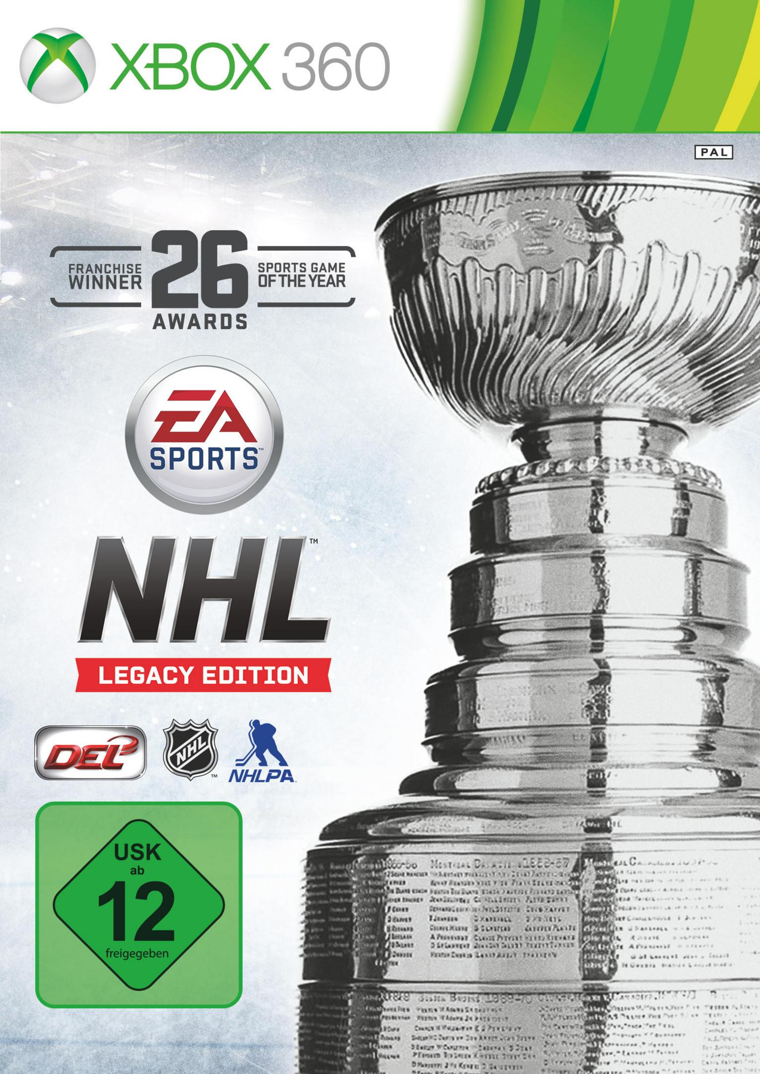 Spielcover: NHL Legacy Edition. Eine Hockeyspiel-Trophäe. EA Sports- und NHL-Logos sind sichtbar. XBOX 360-Logo.