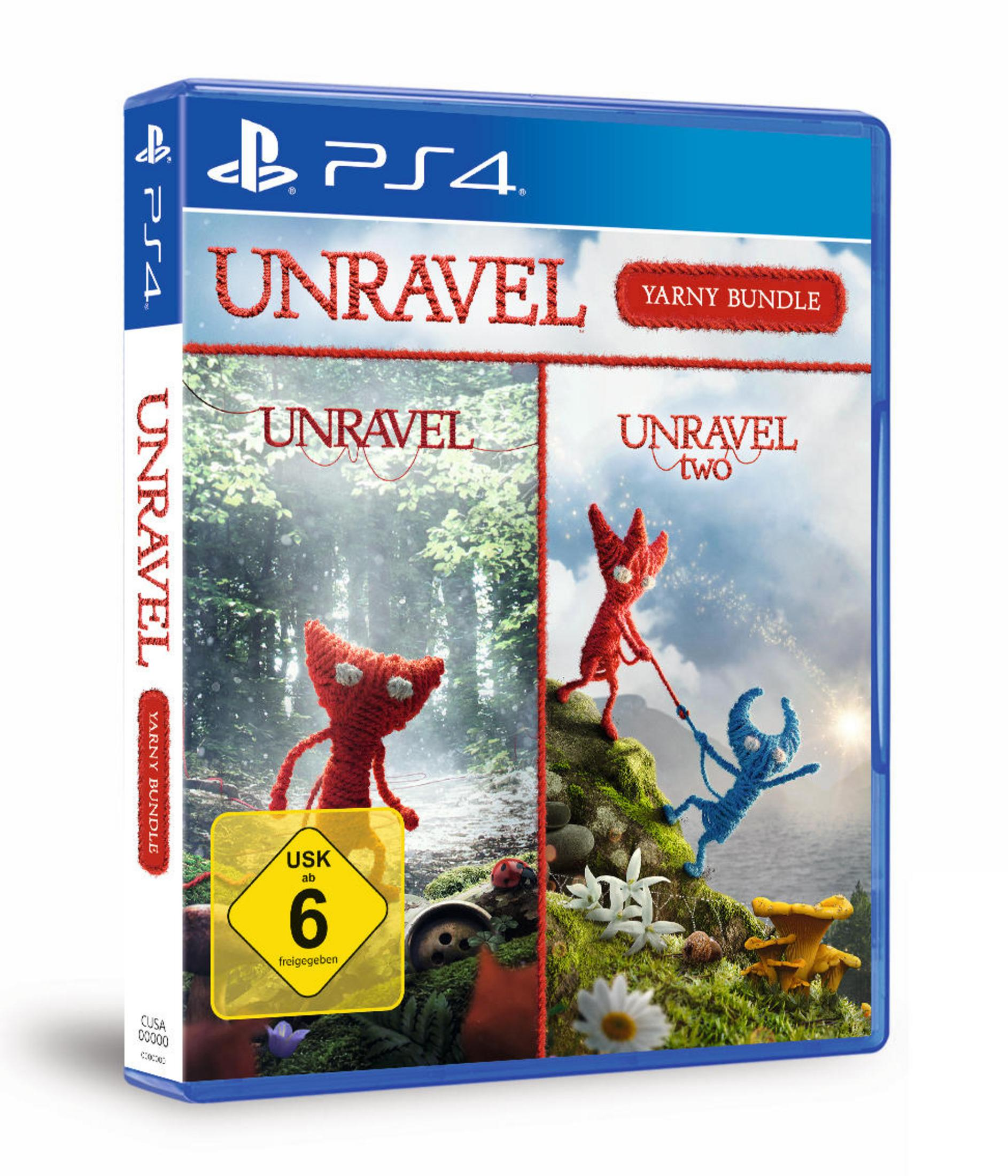Spielcover von Unravel Yarny Bundle. Zeigt zwei verschiedene Einstellungen mit Wollcharakteren.