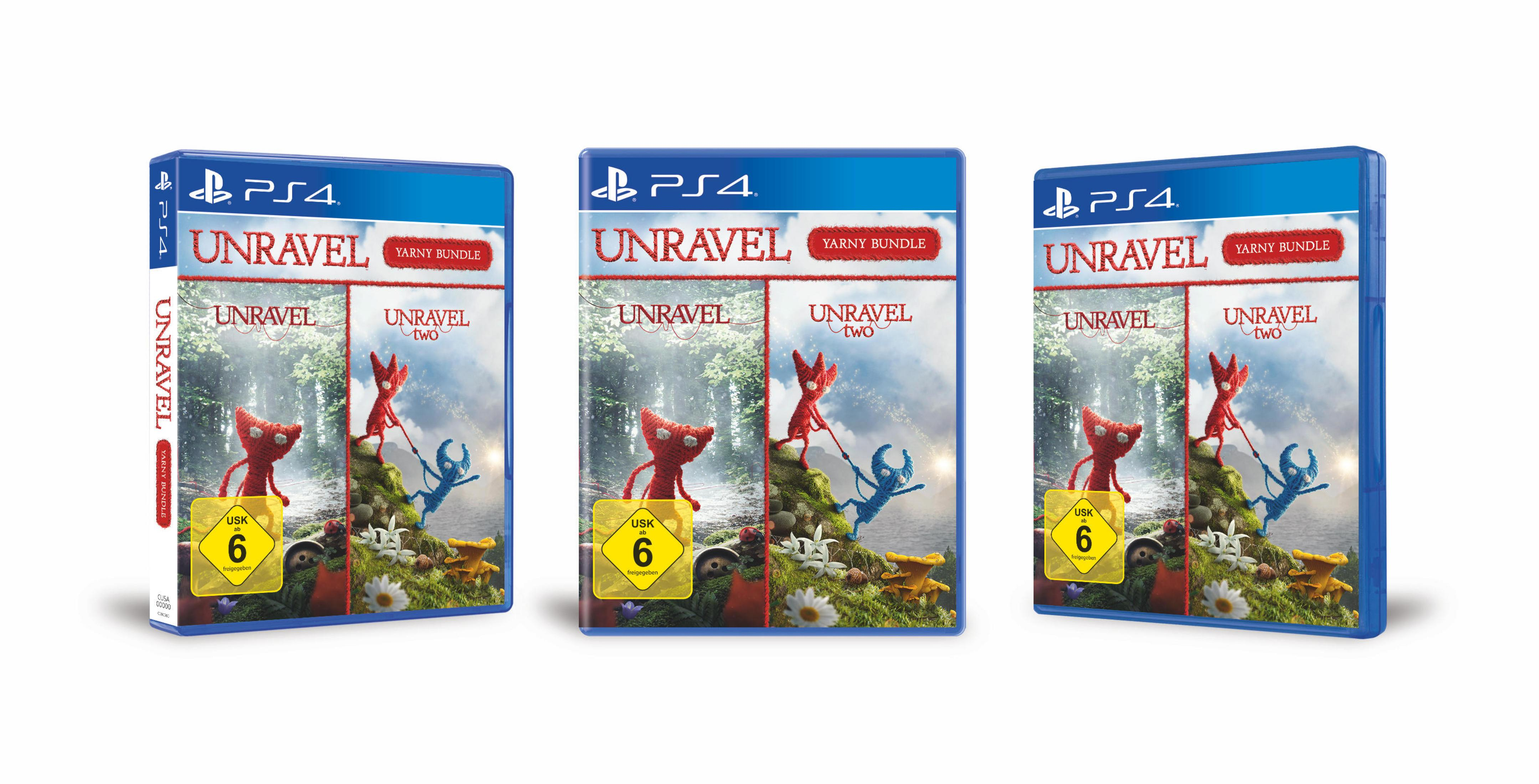 Unravel Yarny Bundle Spielhüllen. Drei Spielhüllen mit roten Garnfiguren. Text: Unravel. USK 6.
