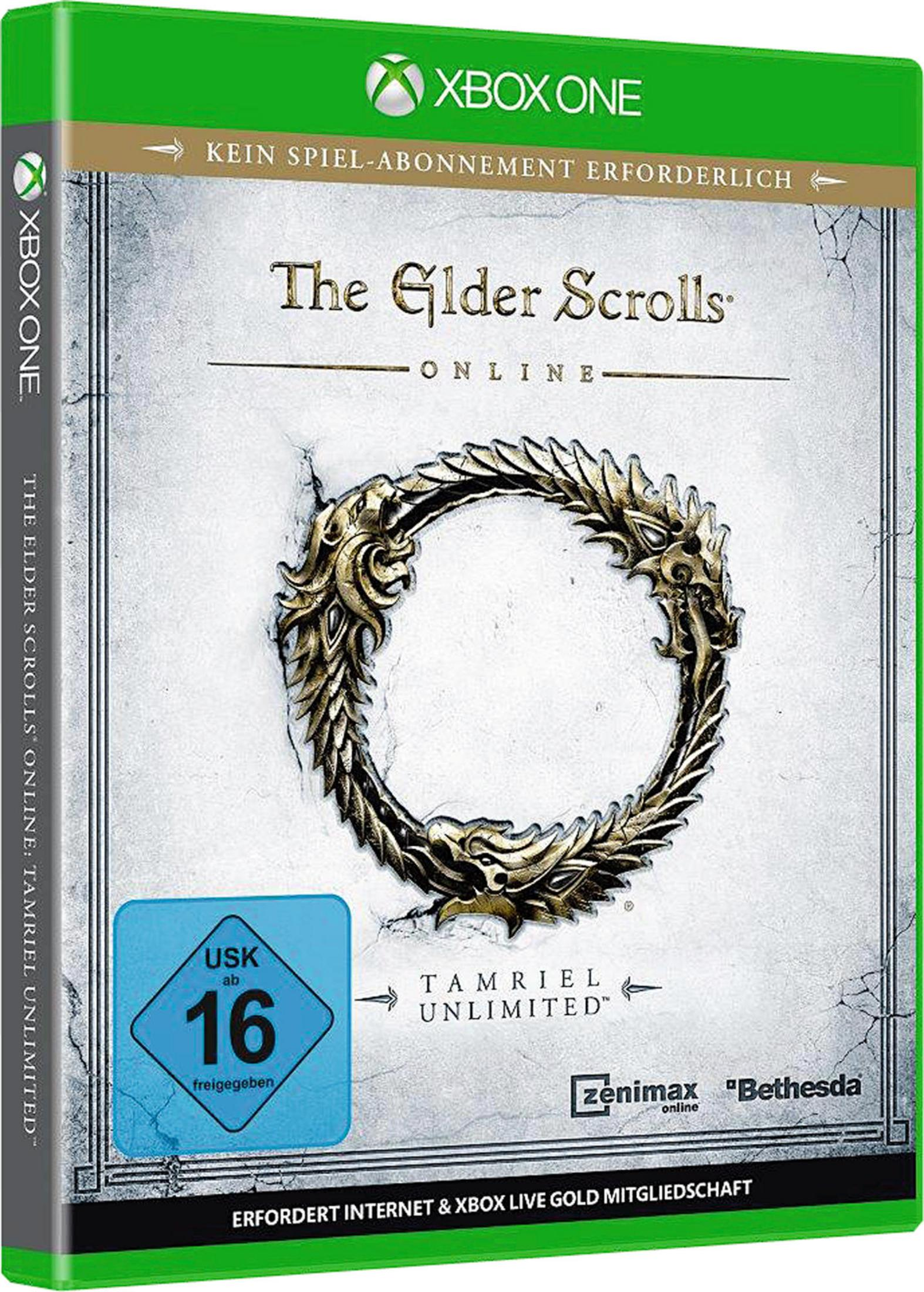 Das Elder Scrolls Online-Spielcover mit einem goldenen Symbol und Text auf grauem Hintergrund.