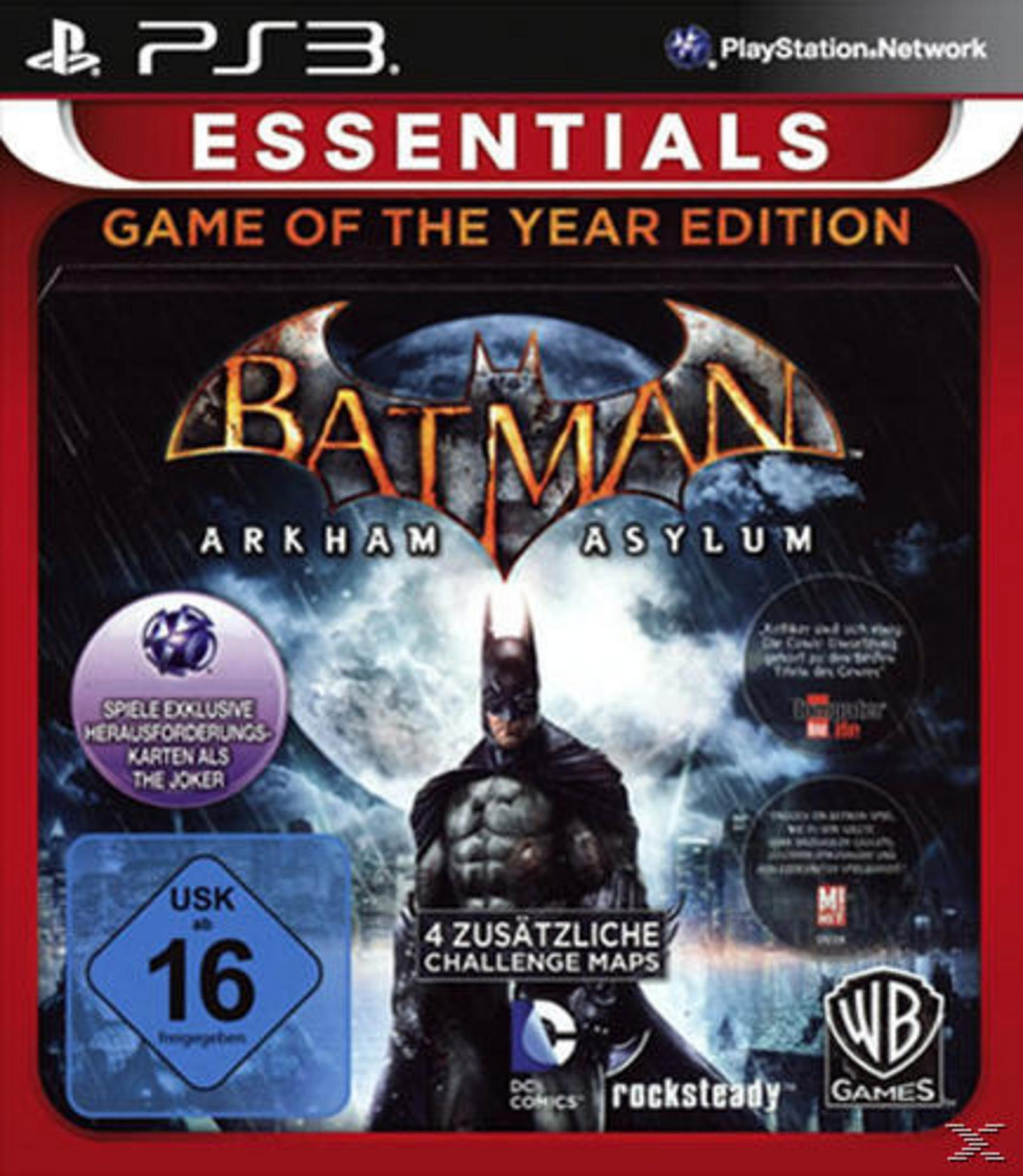 Batman: Arkham Asylum Spielhülle. Batman vor dem Mond. Text: Batman Arkham Asylum. USK 16.