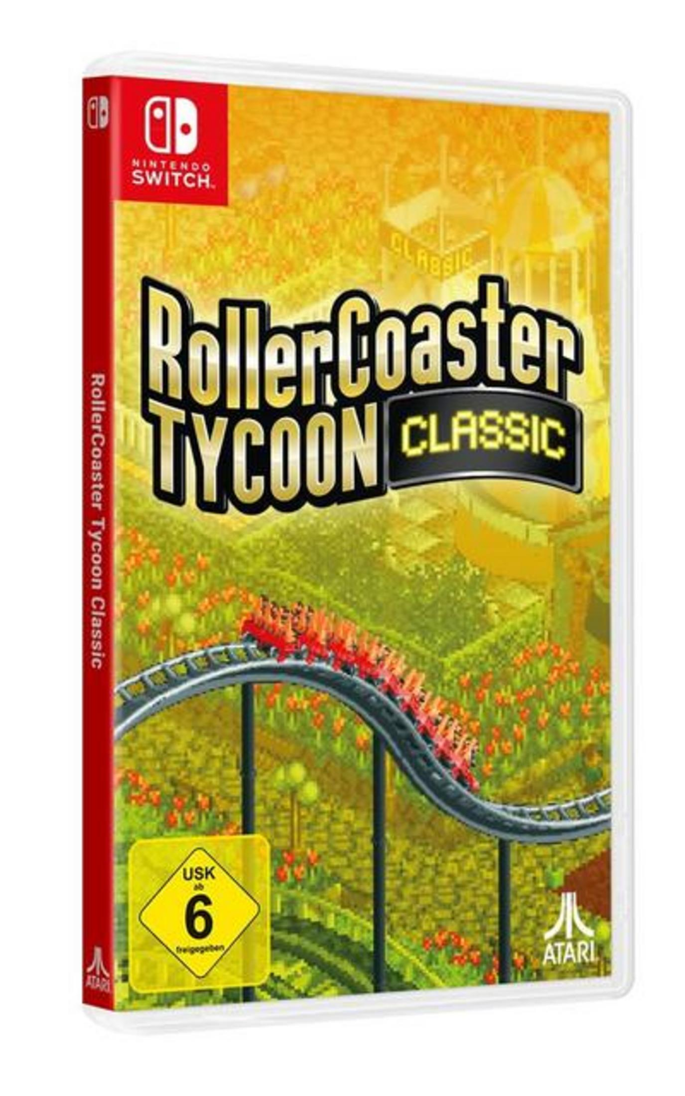 Copertina del gioco RollerCoaster Tycoon Classic per Nintendo Switch, con le montagne russe.