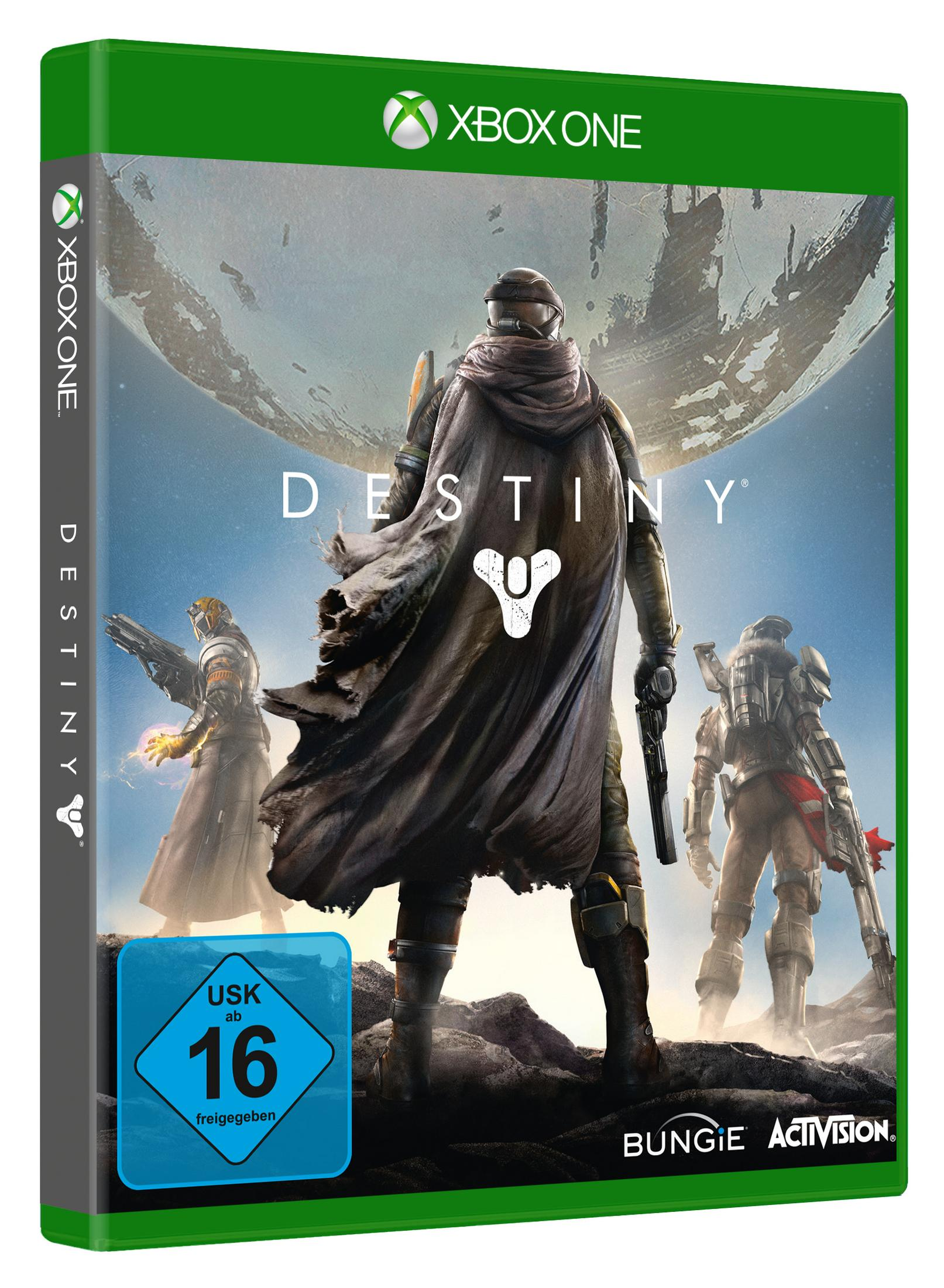 Spielcover von Destiny mit einer Figur im Umhang, anderen Figuren und einem Planeten im Hintergrund.