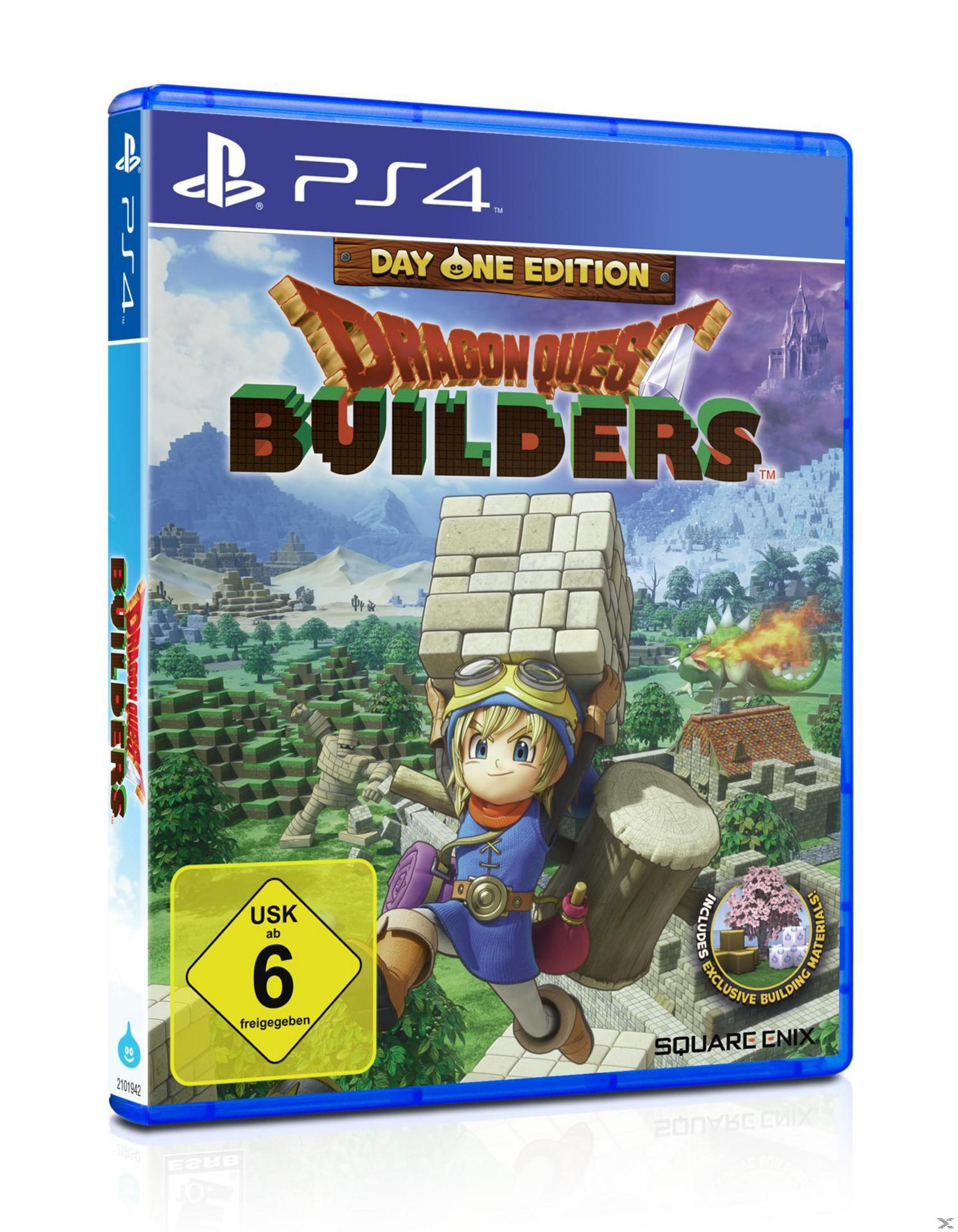 Spielcover: Dragon Quest Builders. Charakter hält einen Block. Die Bewertung ist 6. PS4-Logo oben.