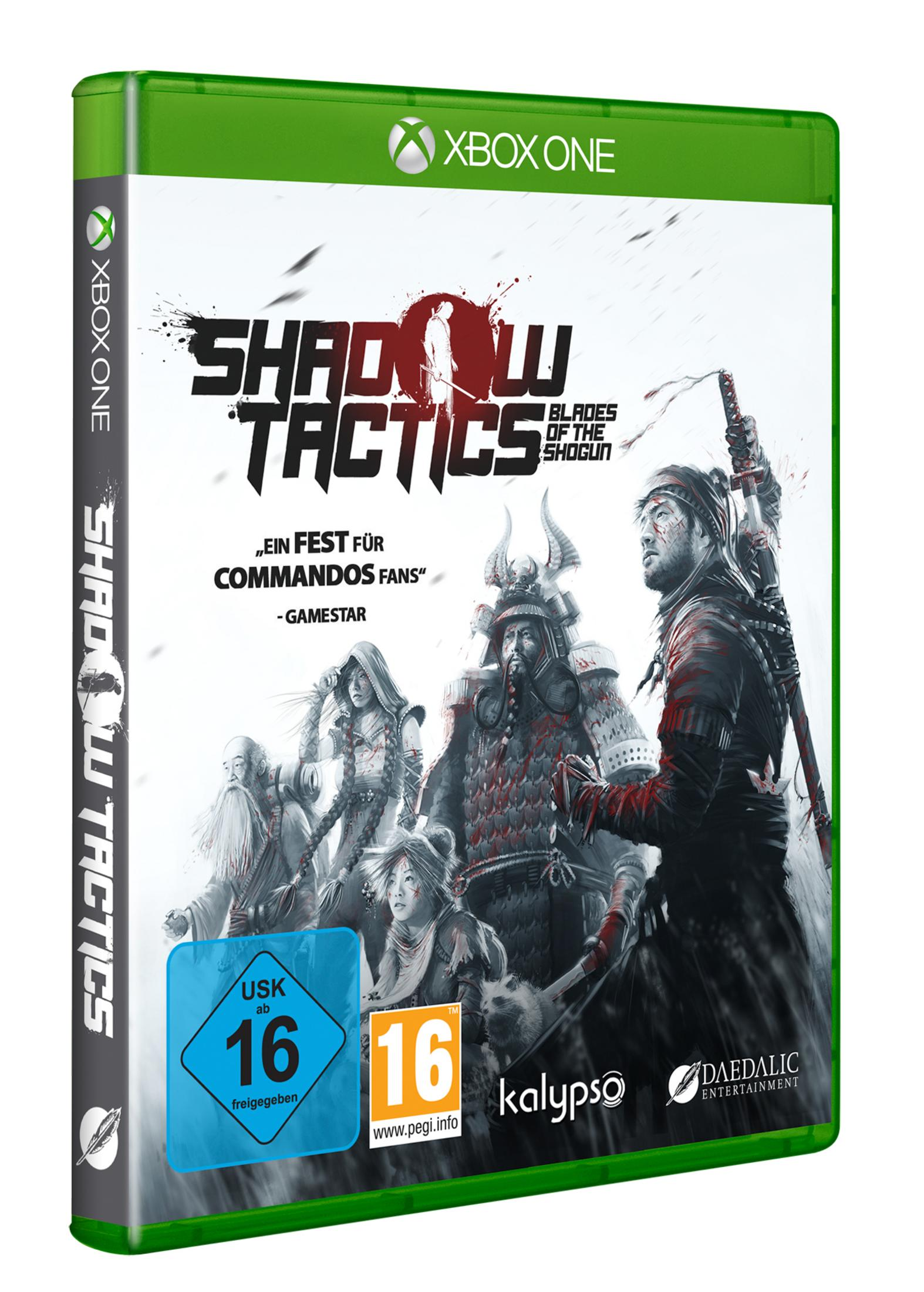 Spielcover: Shadow Tactics. Samurai-Krieger sind abgebildet. Die Bewertung ist 16. Xbox One-Logo oben rechts.