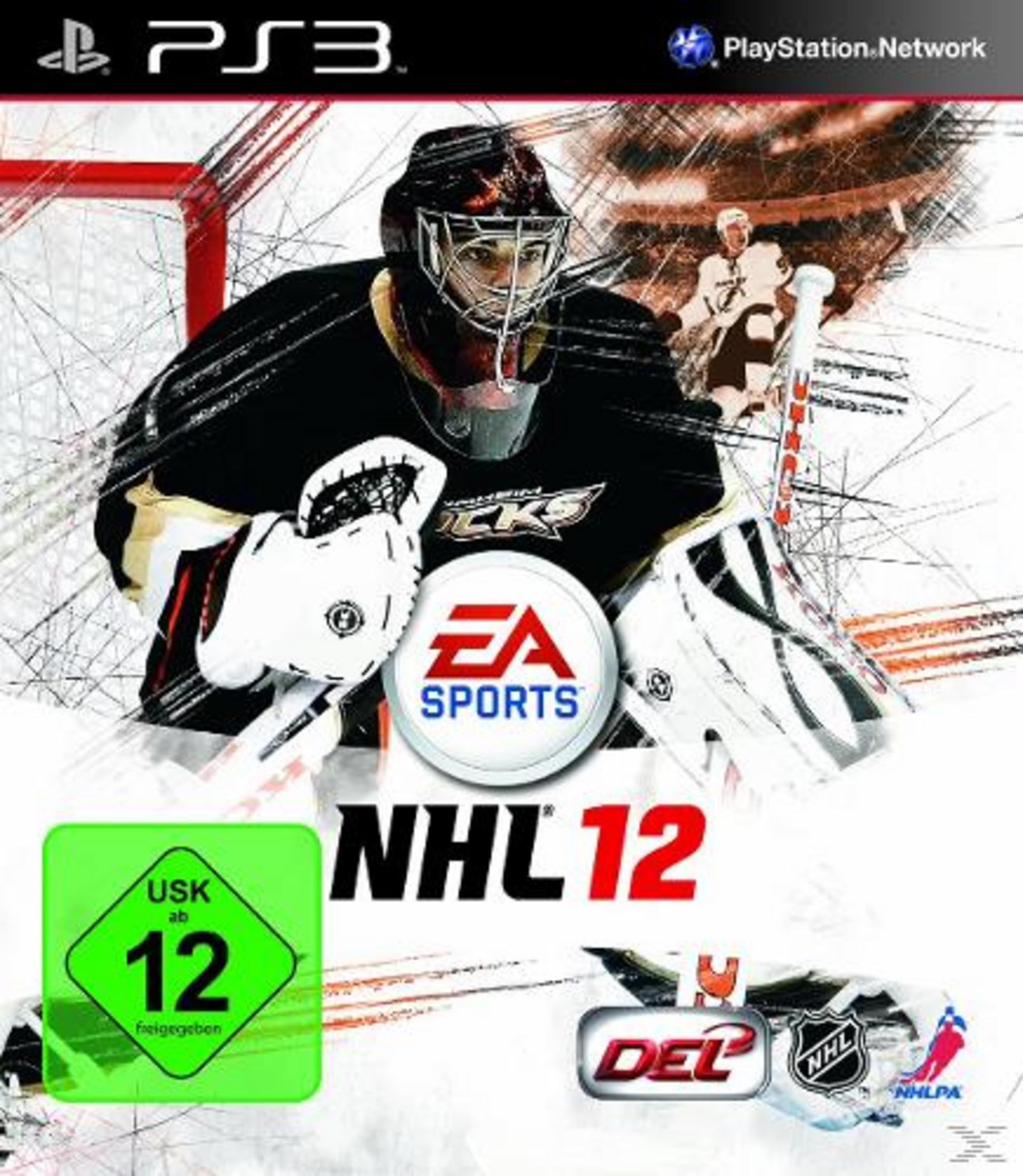 NHL 12 Videospiel-Cover mit einem Torwart in schwarzer und gelber Ausrüstung.