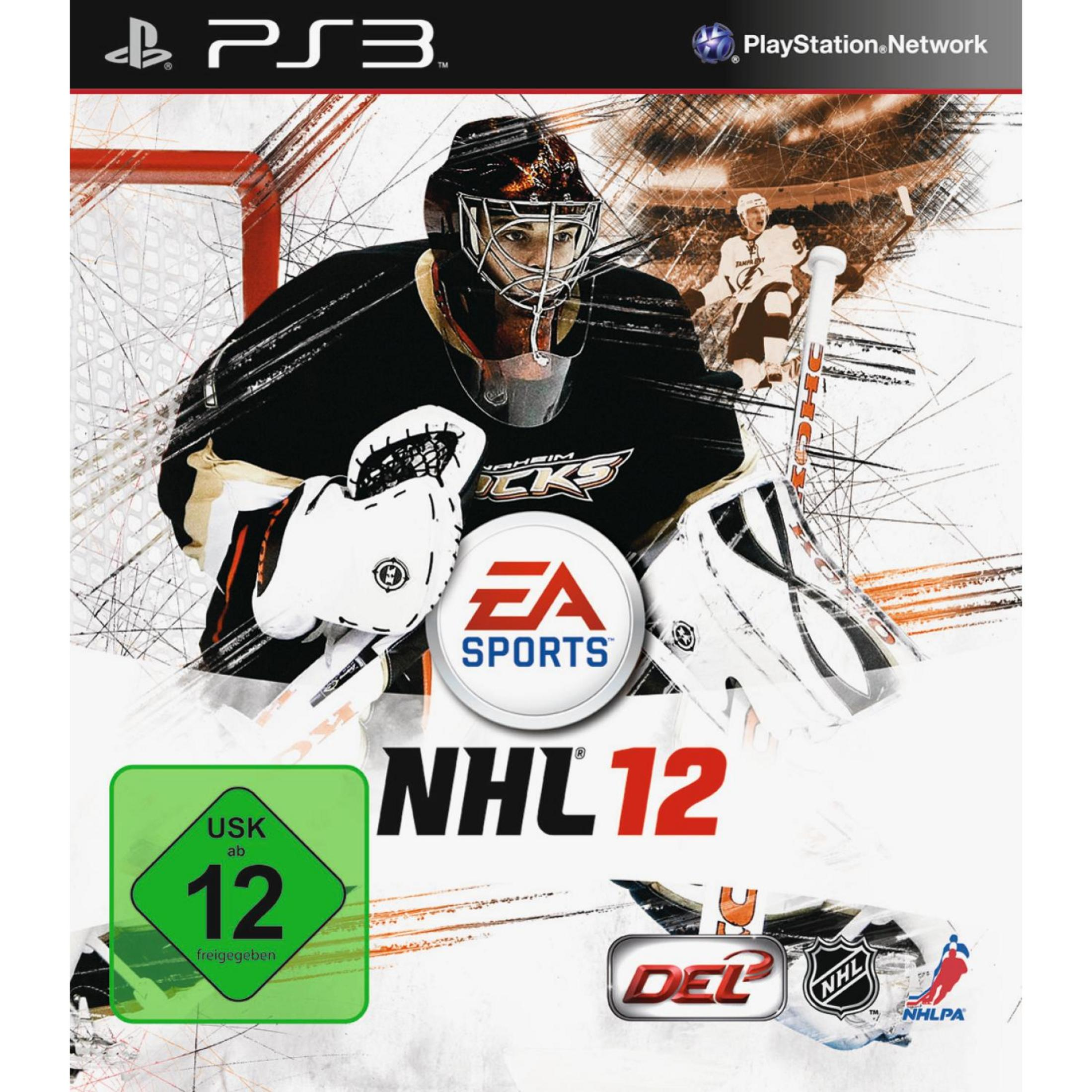 NHL 12 PS3-Spielcover. Torwart in Aktion, EA Sports-Logo und Spieldetails.