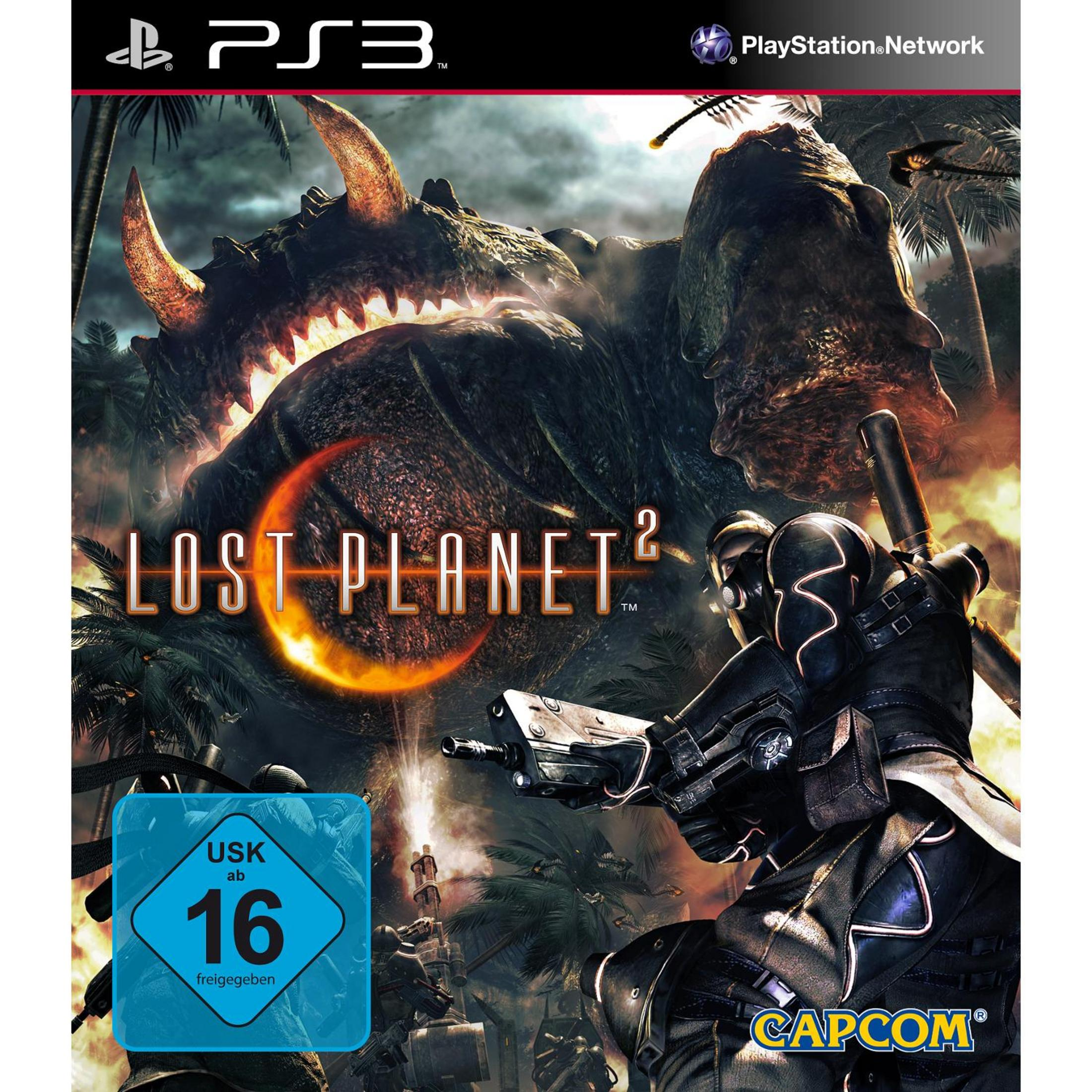 Lost Planet 2 PS3-Spielecover. Charakter zielt mit Waffe, Monster im Hintergrund.