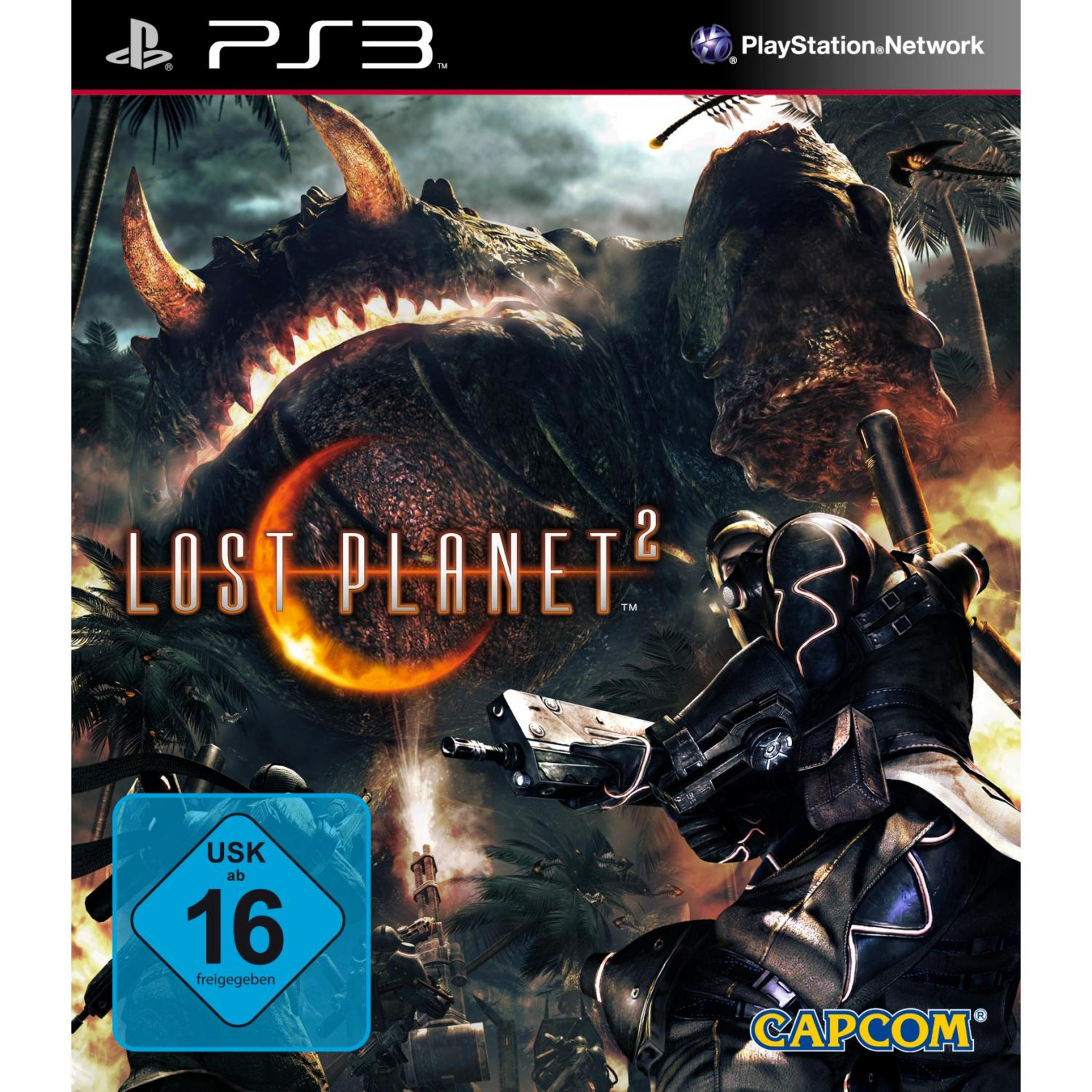 Lost Planet 2 Cover. Ein Soldat mit einer Waffe steht einem dinosaurierähnlichen Wesen gegenüber. Das Spiel-Logo befindet sich in der Mitte.