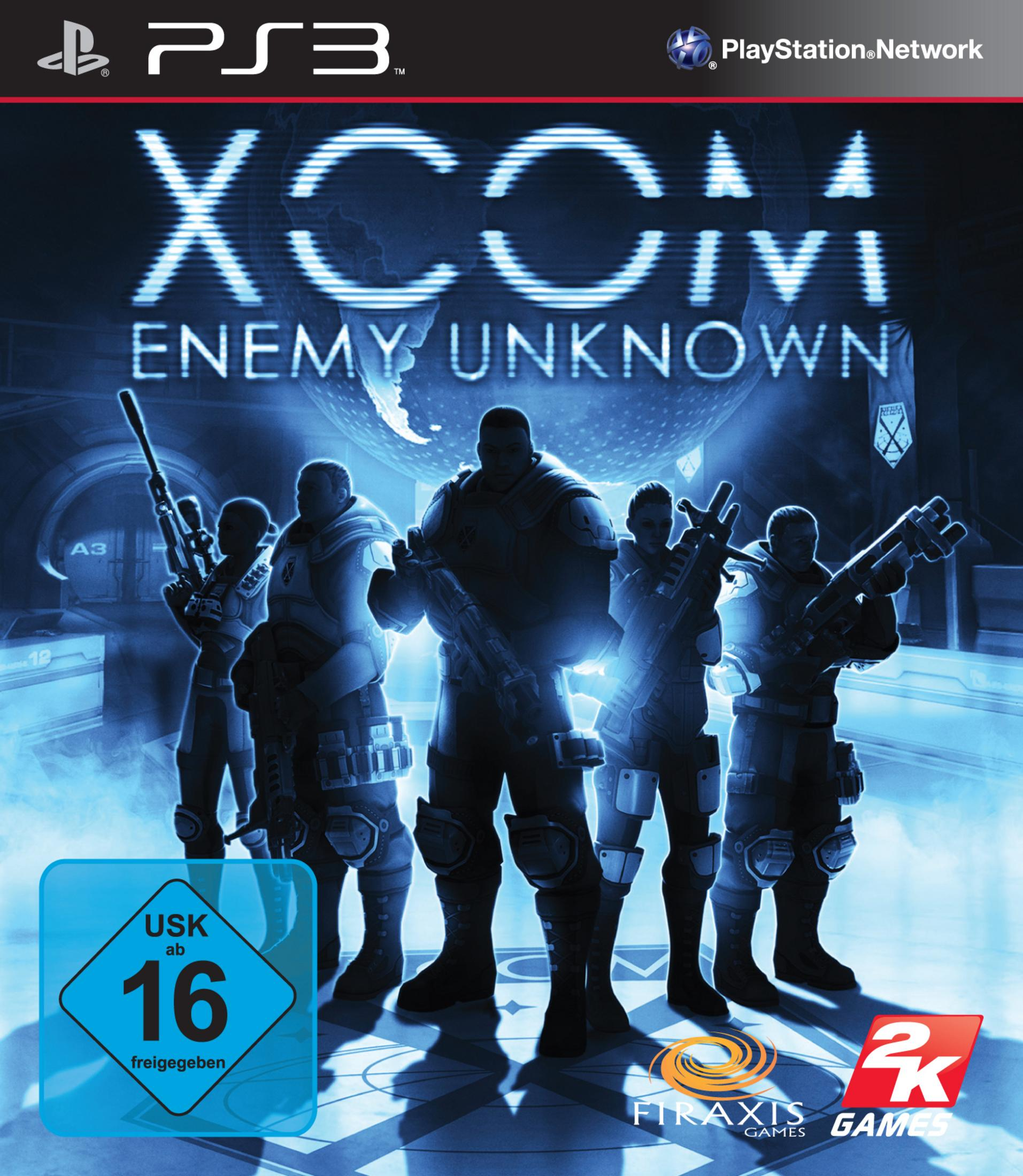 XCOM Enemy Unknown Cover. Soldaten in Rüstung mit Waffen stehen vor einem verschwommenen Globus.