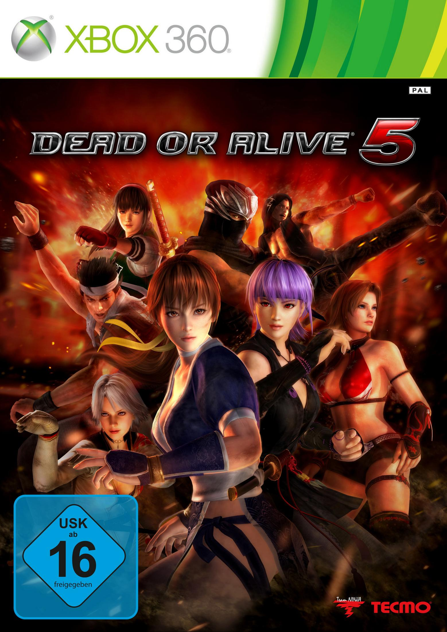 Dead or Alive 5-Spielcover, mehrere Charaktere, Action-Posen, Kampfspiel, dynamische Komposition.