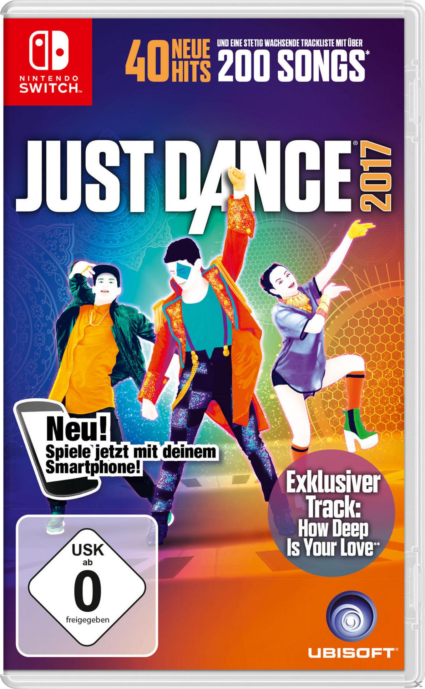 Just Dance 2017-Spielcover, Tänzer, farbenfrohes Design, Spieletitel, Nintendo Switch-Logo.