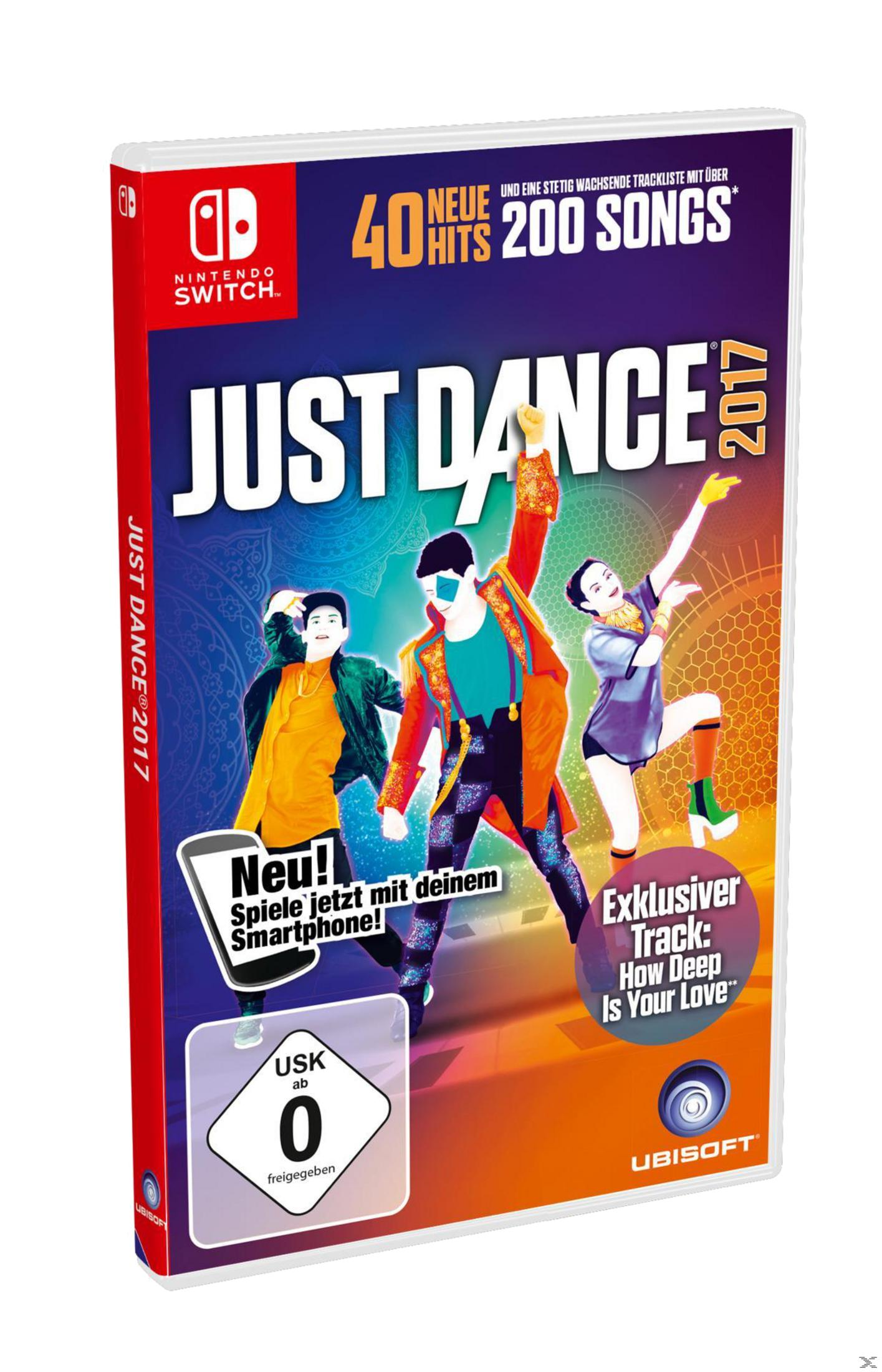 Spielcover: Just Dance 2017, mit Tänzern und Text auf einem farbenfrohen Hintergrund.