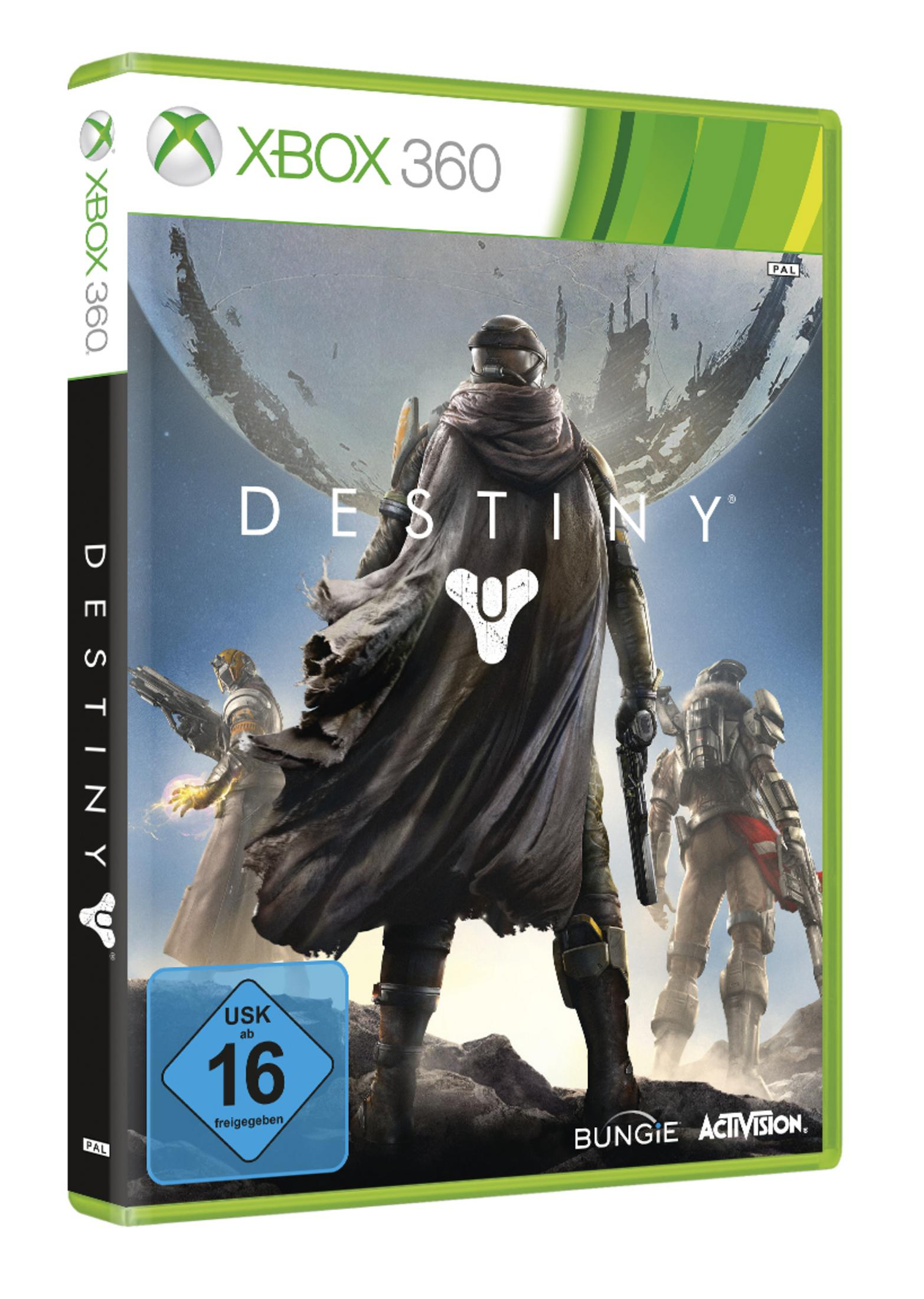 Videospiel-Box-Art für Destiny auf Xbox 360. Mit futuristischen Soldaten und Mondhintergrund.