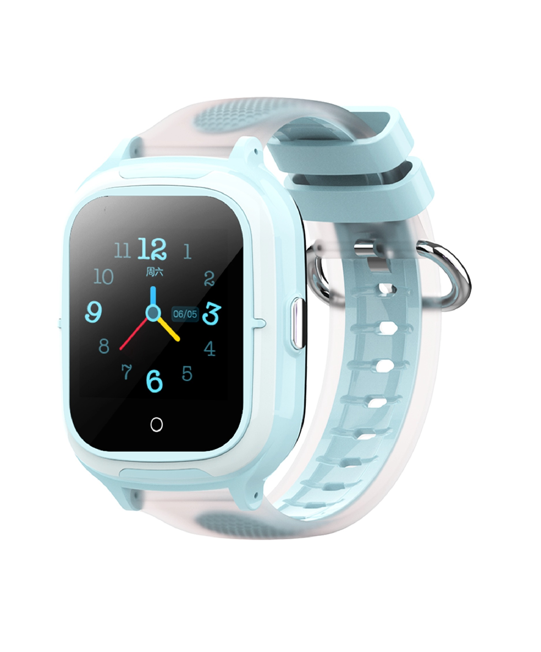 Reloj inteligente azul con correa blanca, pantalla negra.