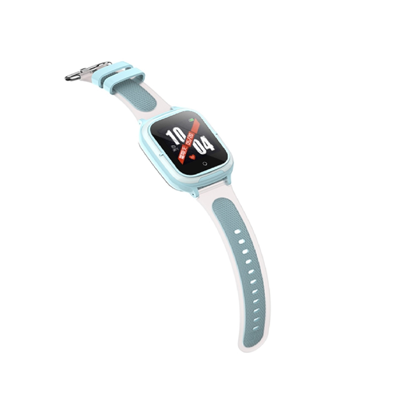 Reloj inteligente azul claro con una correa blanca, que muestra la hora y un símbolo de estrella.