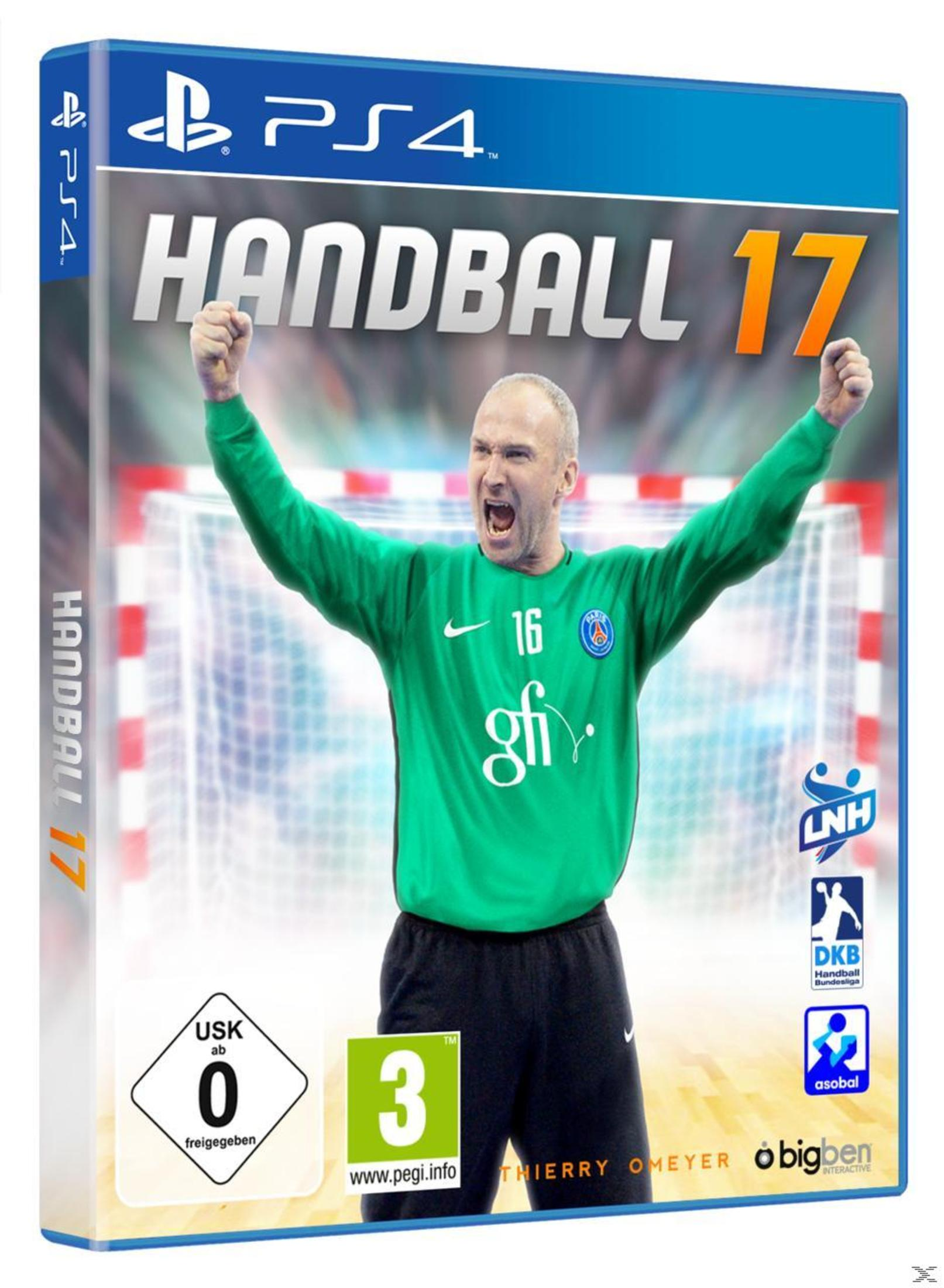 Spielcover: Handball 17, mit einem Handballspieler mit erhobenen Armen, einem Tor und Stadion im Hintergrund.