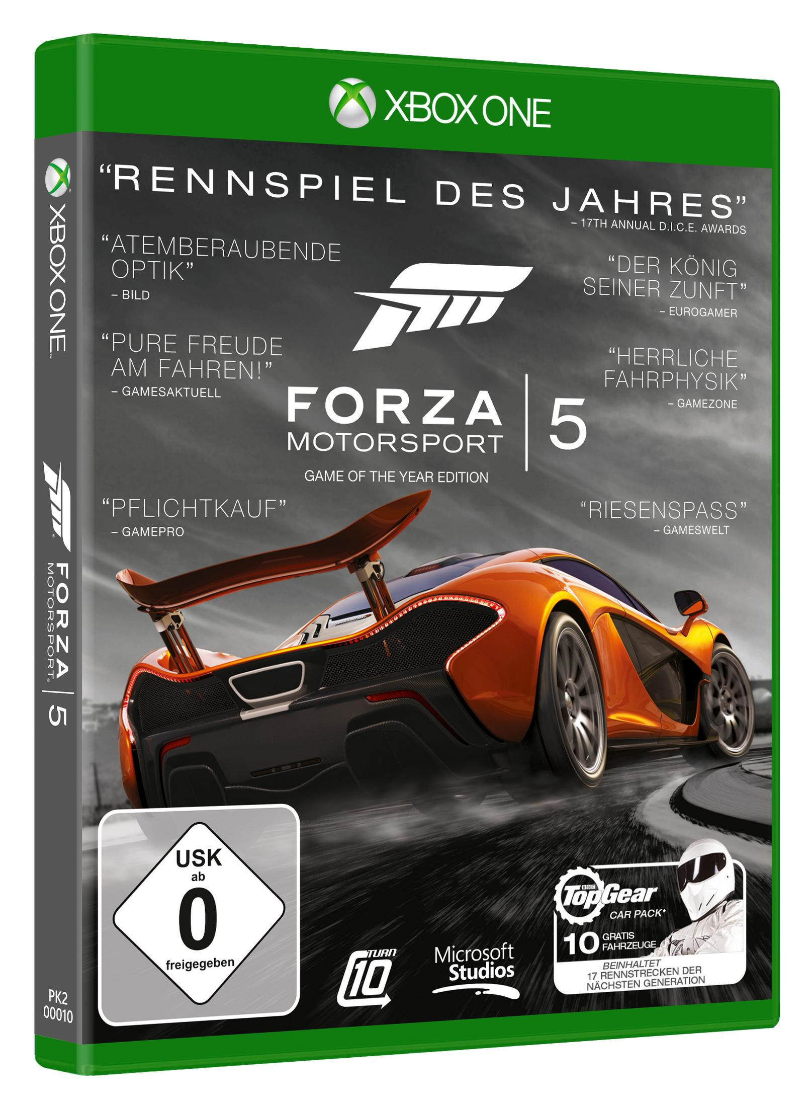 Spielcover: Forza Motorsport 5, ein orangefarbenes Auto auf einer Rennstrecke, mit Text und Logos.