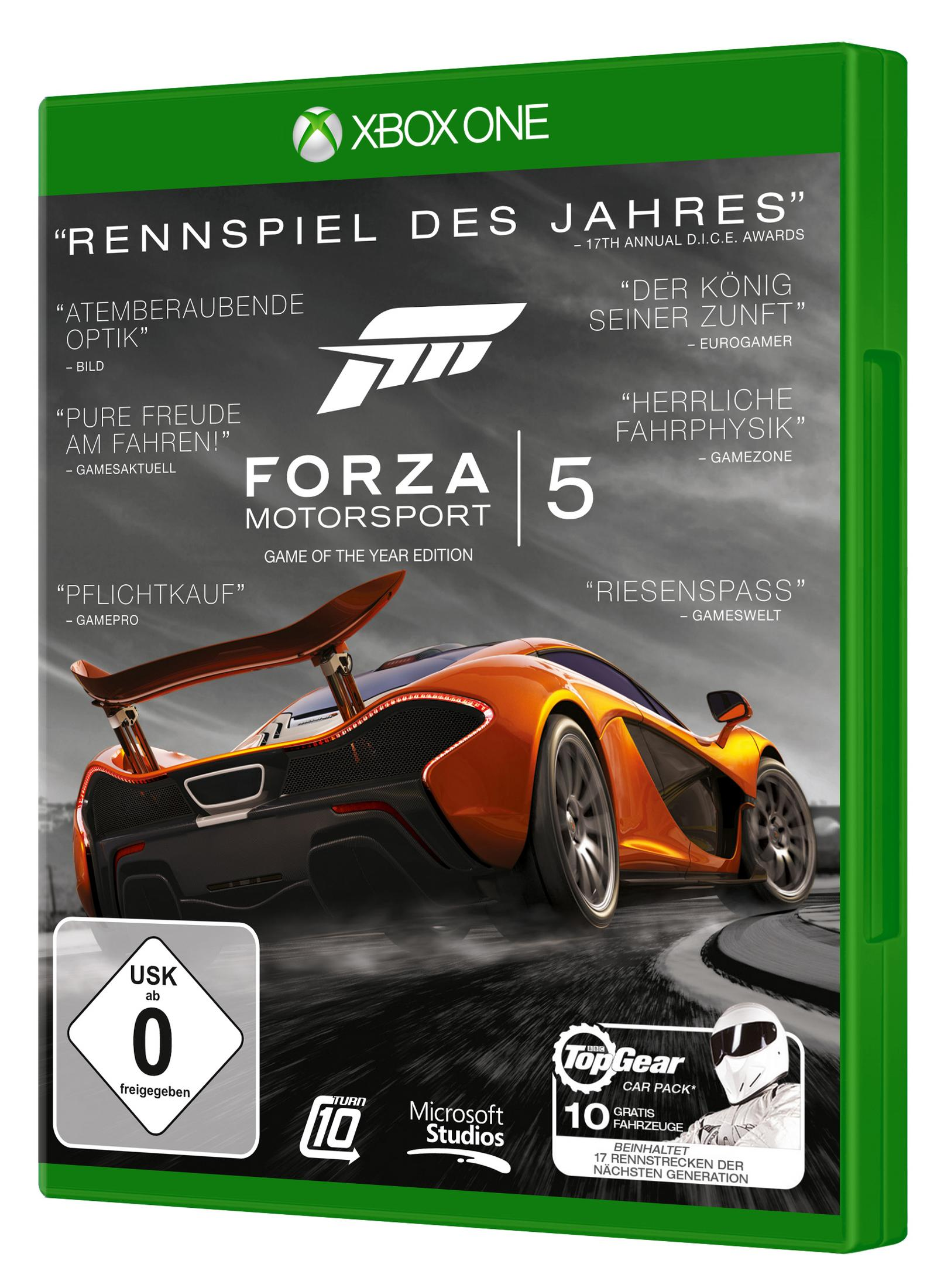 Spiele-Cover für Forza Motorsport 5. Ein orangefarbener Sportwagen fährt auf einer Rennstrecke, mit Textüberlagerungen und Spieldetails.