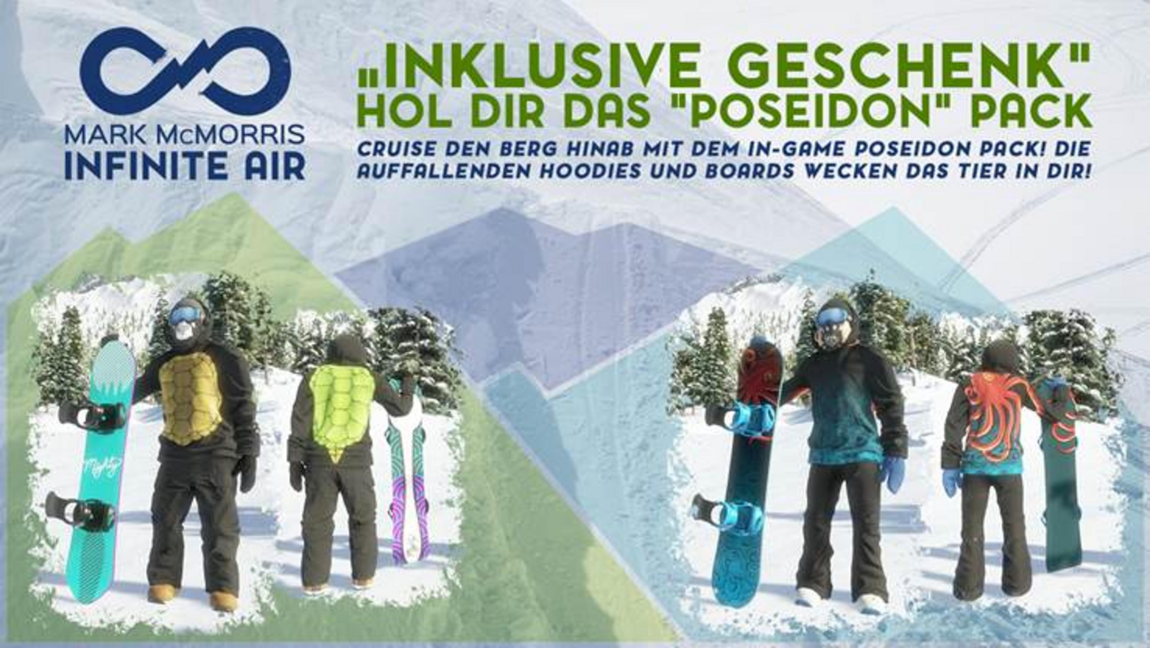Mark McMorris Infinite Air. Vier Snowboarder mit Snowboards, stehend vor einer schneebedeckten Berglandschaft.