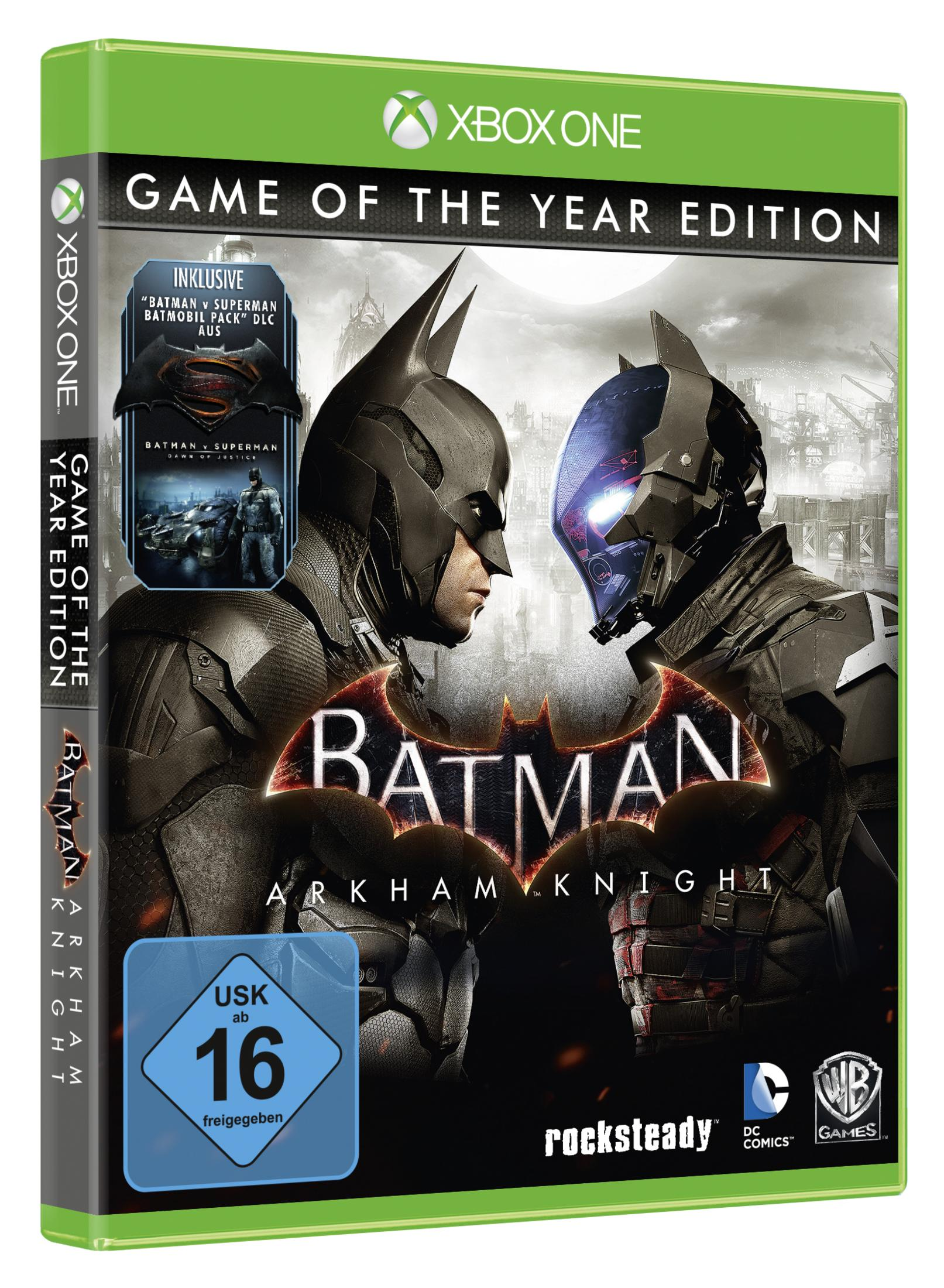 Batman Arkham Knight Xbox One-Spielcover. Batman und eine andere Figur stehen sich gegenüber, USK 16.
