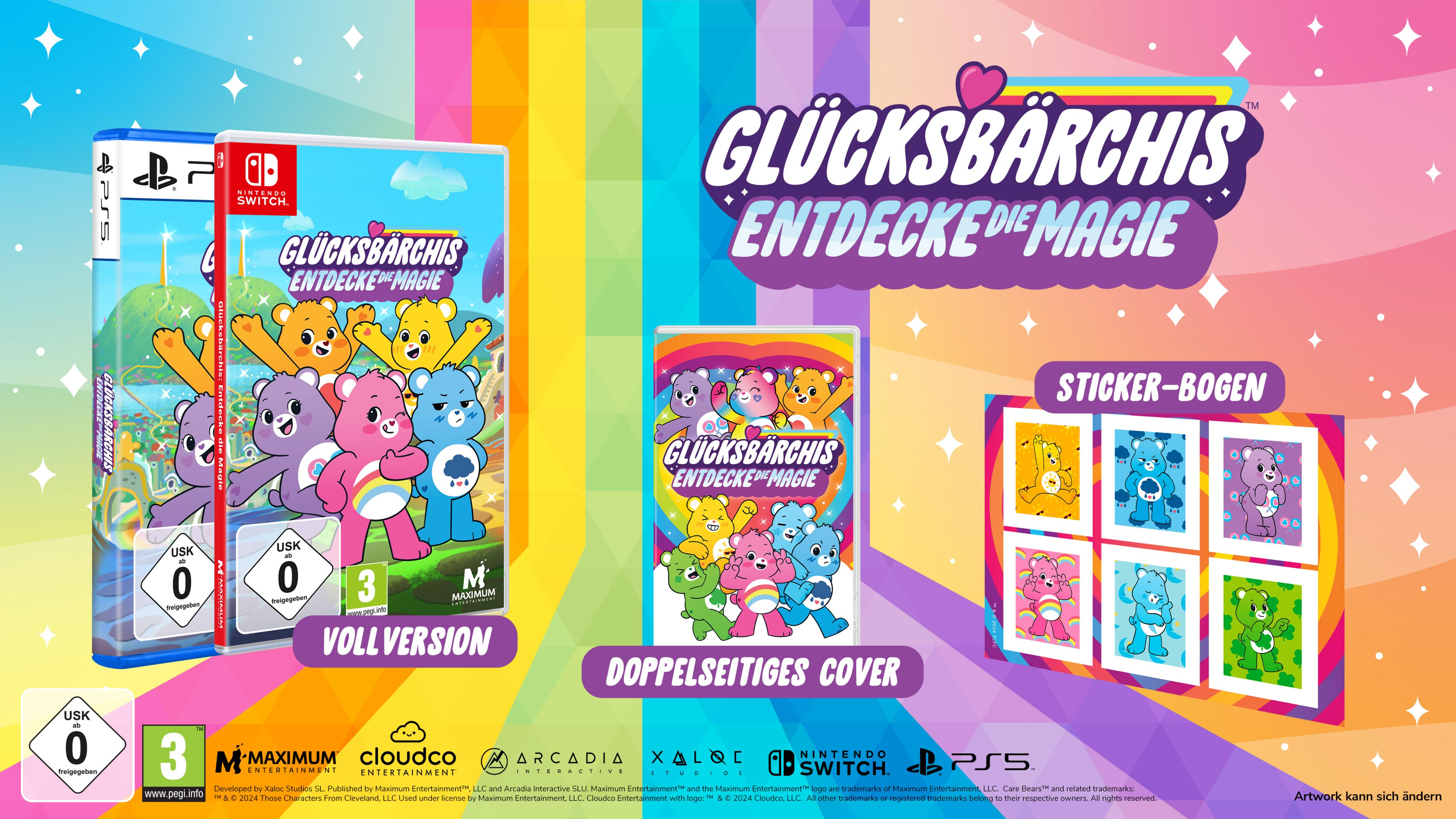 Copertina e confezione del gioco Care Bears. Diversi personaggi degli Orsetti del Cuore sono raffigurati con un arcobaleno e uno sfondo vibrante.