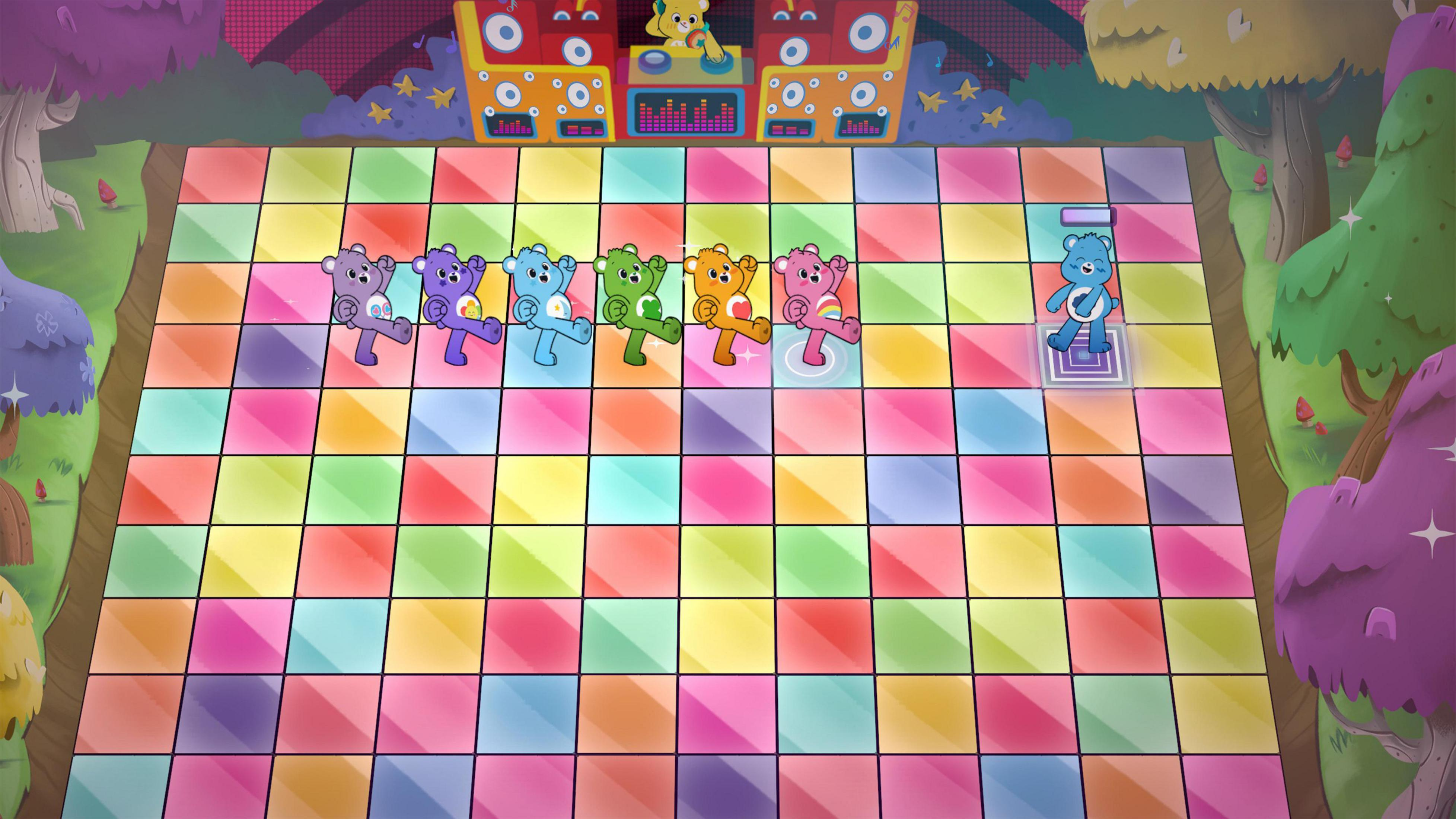 Care Bears ballano su una pista da ballo colorata, una cabina da DJ con un orso sorridente sopra.