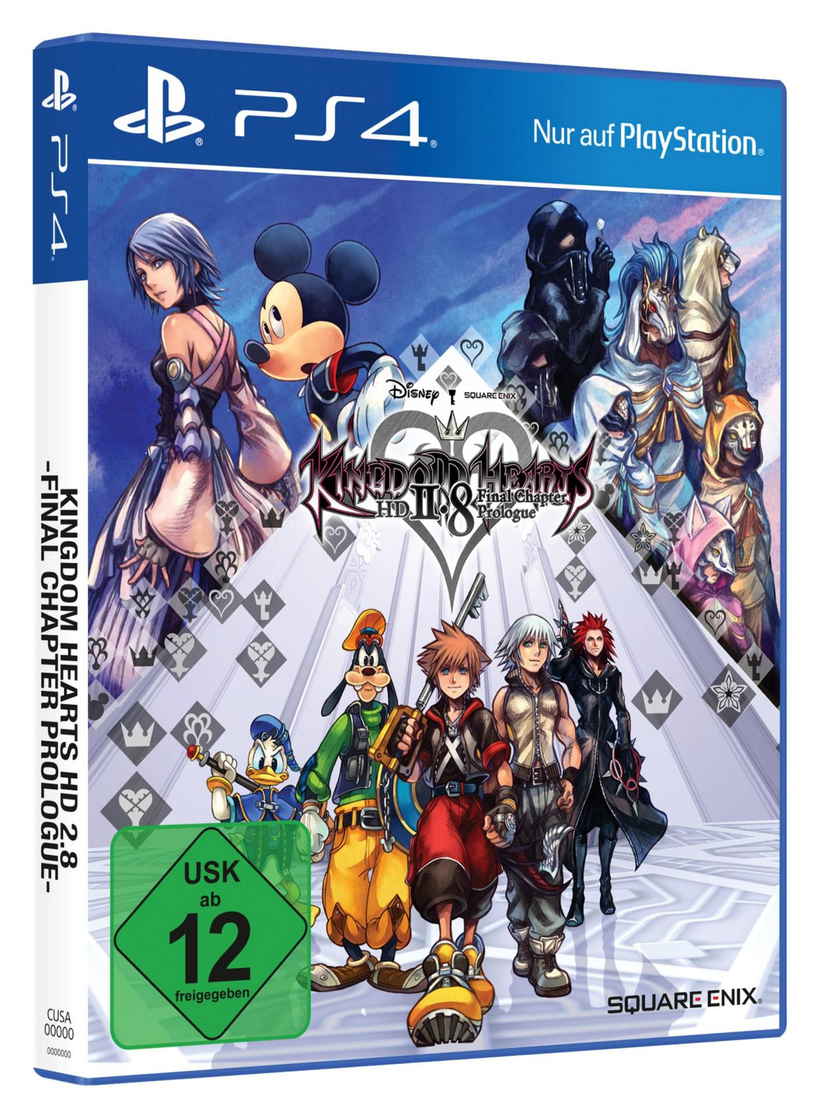 Spielbox-Artwork. Charaktere aus Kingdom Hearts stehen in einer Reihe, Mickey Mouse in der Mitte.