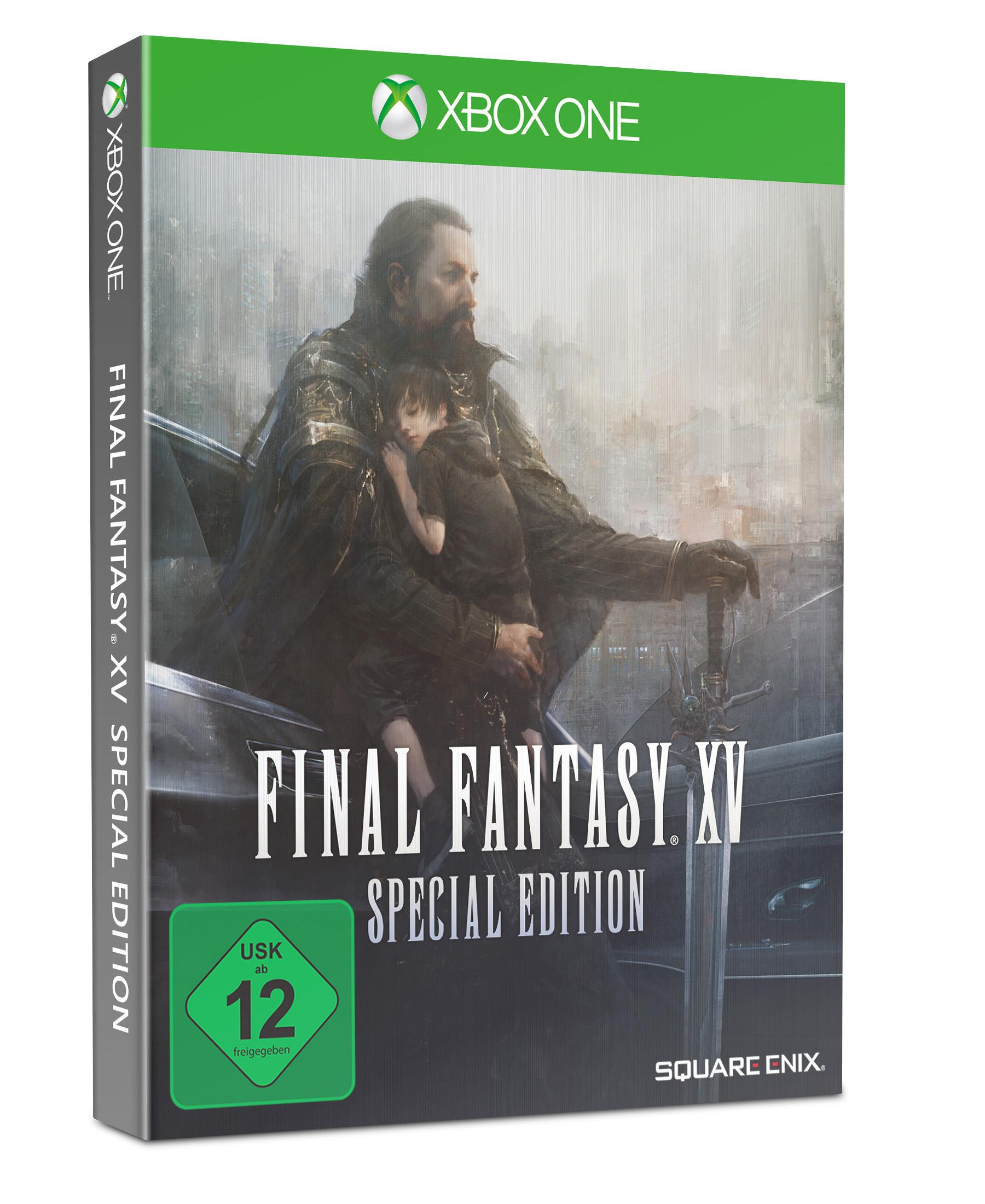 Final Fantasy XV Spielbox, ein Mann, der ein Kind hält, mit dem Spieletitel auf der Vorderseite.