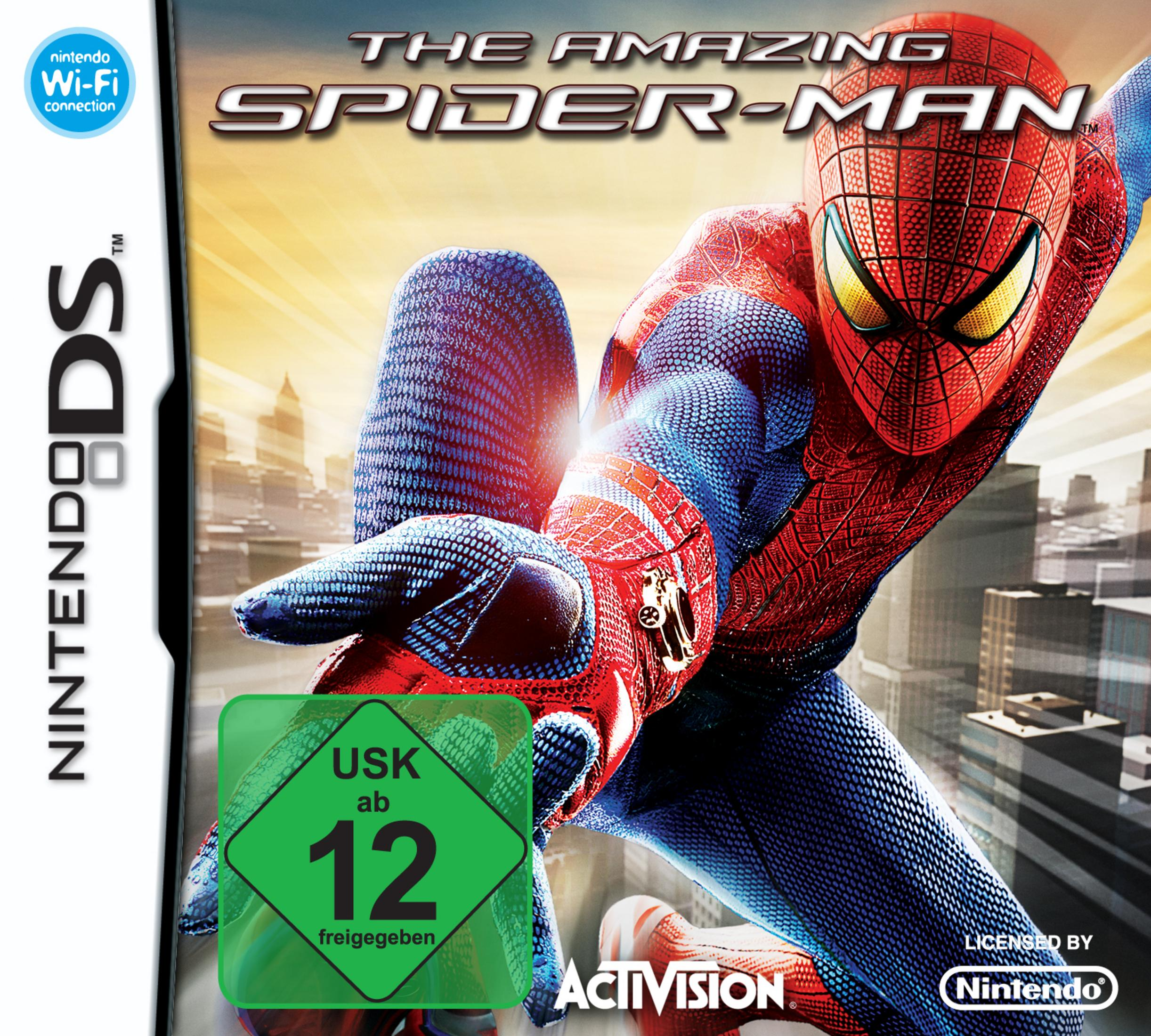 Spider-Man auf einem DS-Spielcover. Er greift aus. Das Spiel hat eine USK-12-Bewertung.