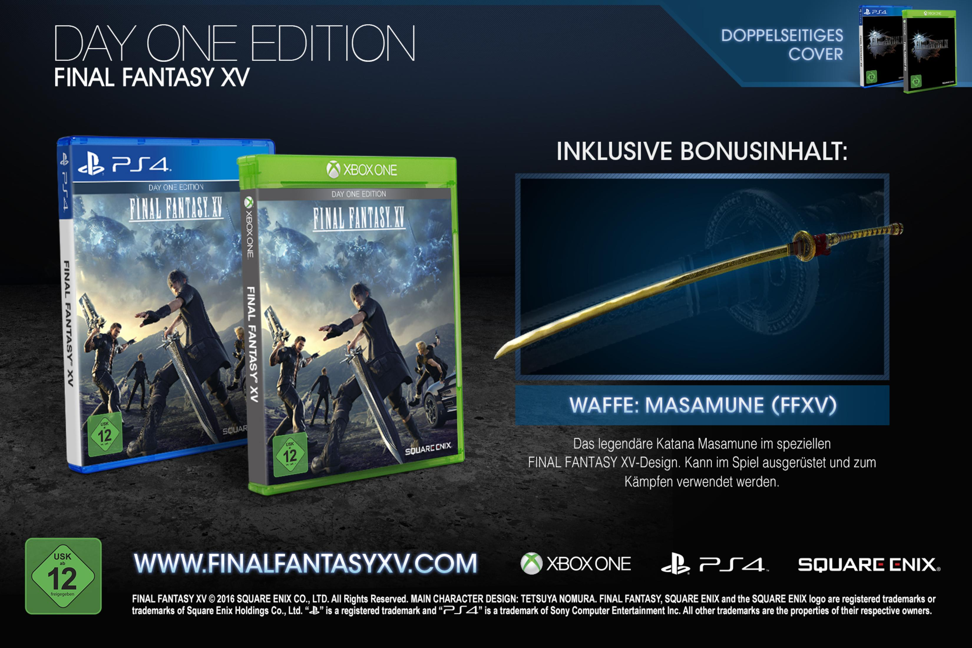 Final Fantasy XV Spielboxen, PS4 und Xbox One, mit Katana und weiteren Inhalten.