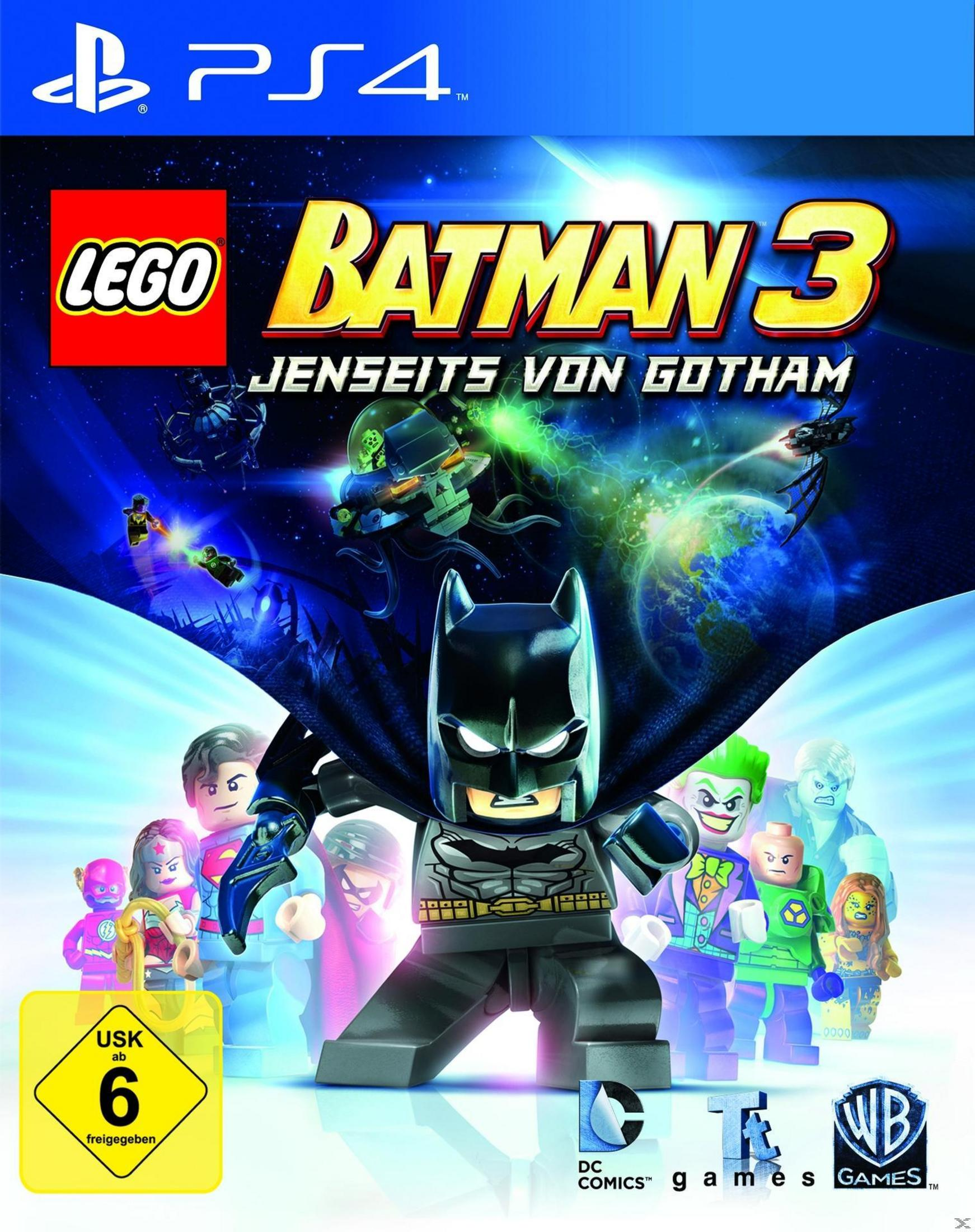 Okładka gry Lego Batman 3: Beyond Gotham. Lego Batman pośrodku, otoczony postaciami Lego.