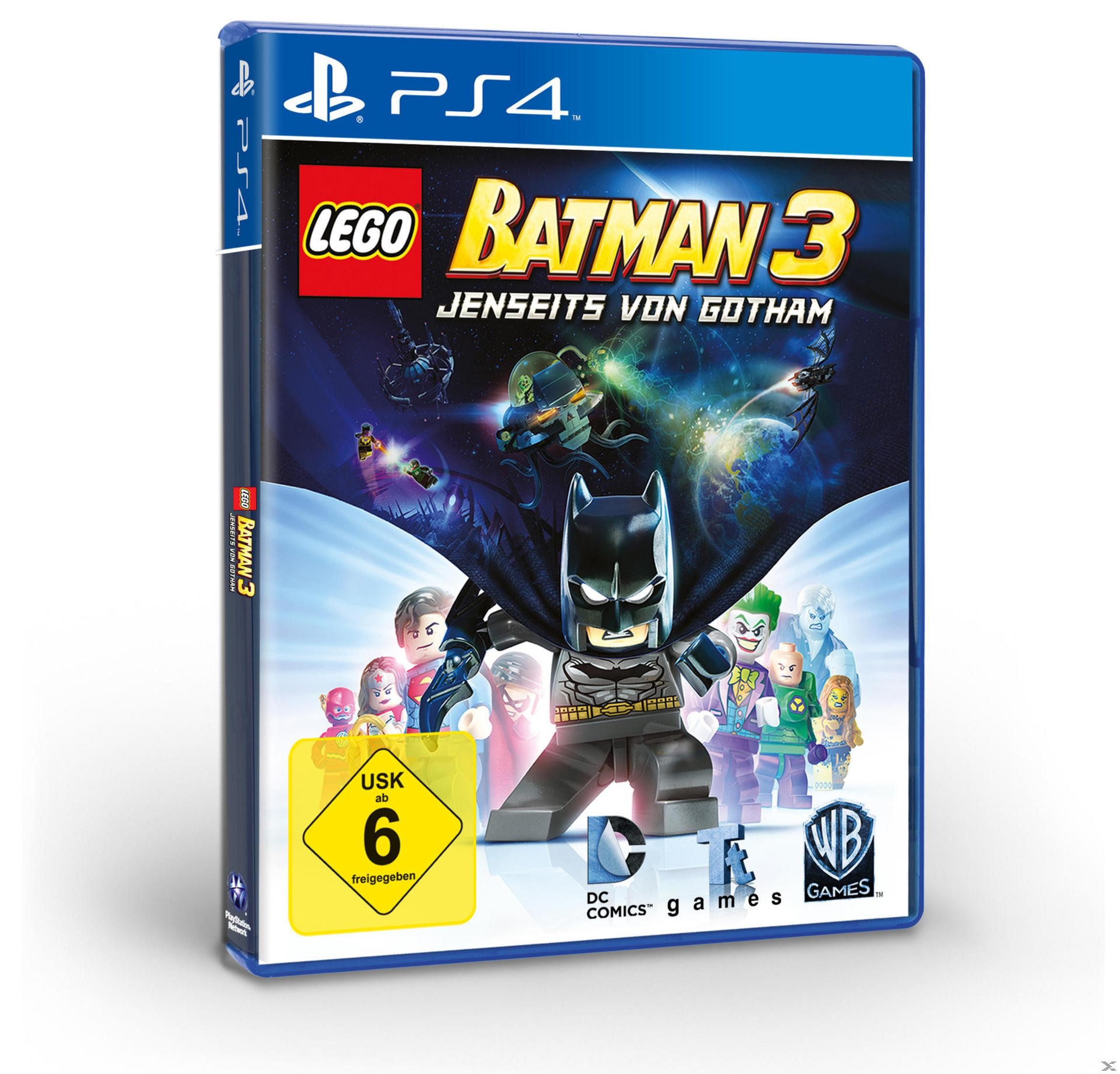 Pudełko gry Lego Batman 3, z Batmanem i innymi postaciami w kosmicznej scenerii.