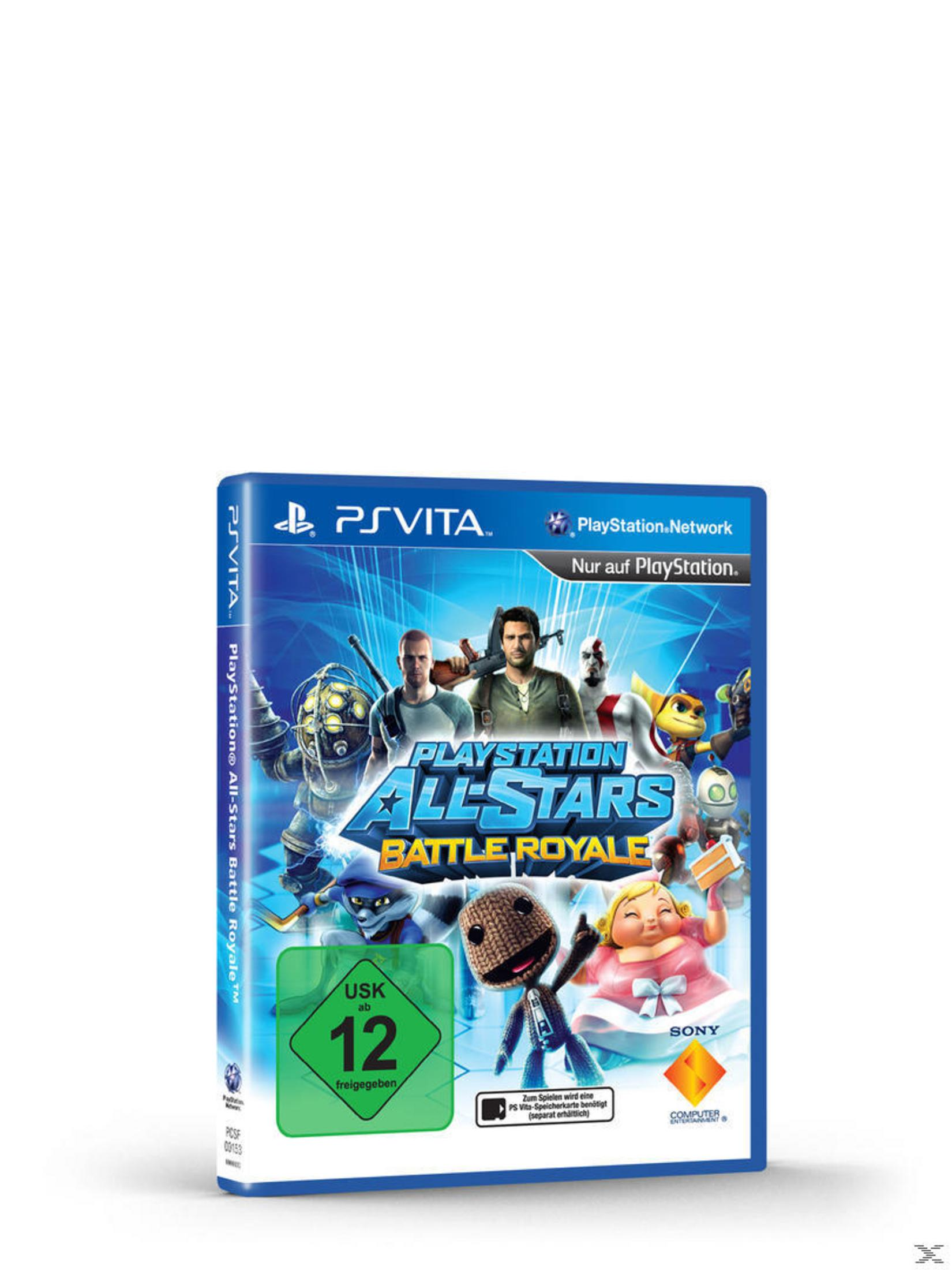 PlayStation All-Stars Battle Royale PS Vita-Spielcover. Verschiedene Spielcharaktere mit weißem Hintergrund.
