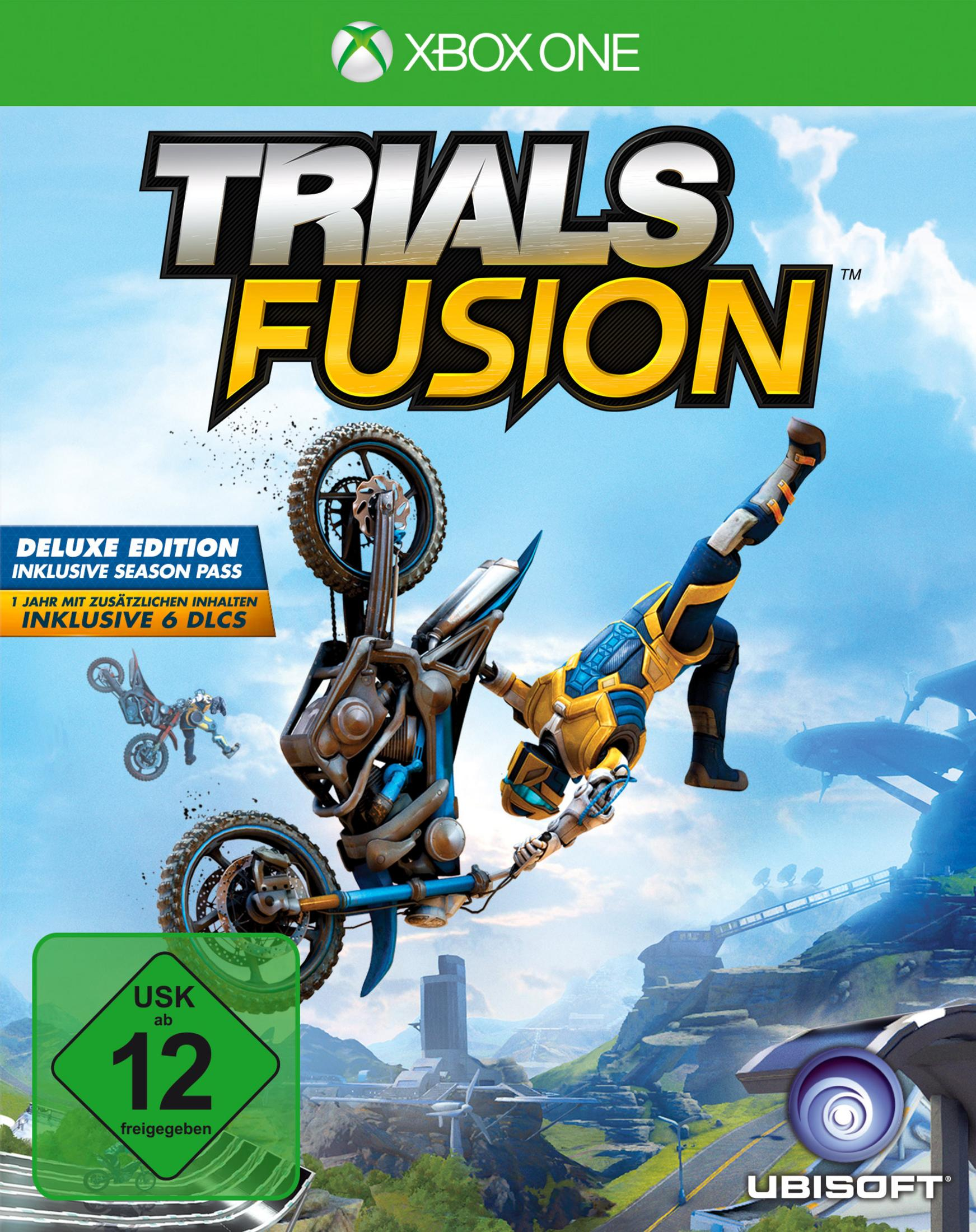 Trials Fusion Spielcover. Motorradfahrer in der Luft, blauer Himmel, Xbox One Logo.
