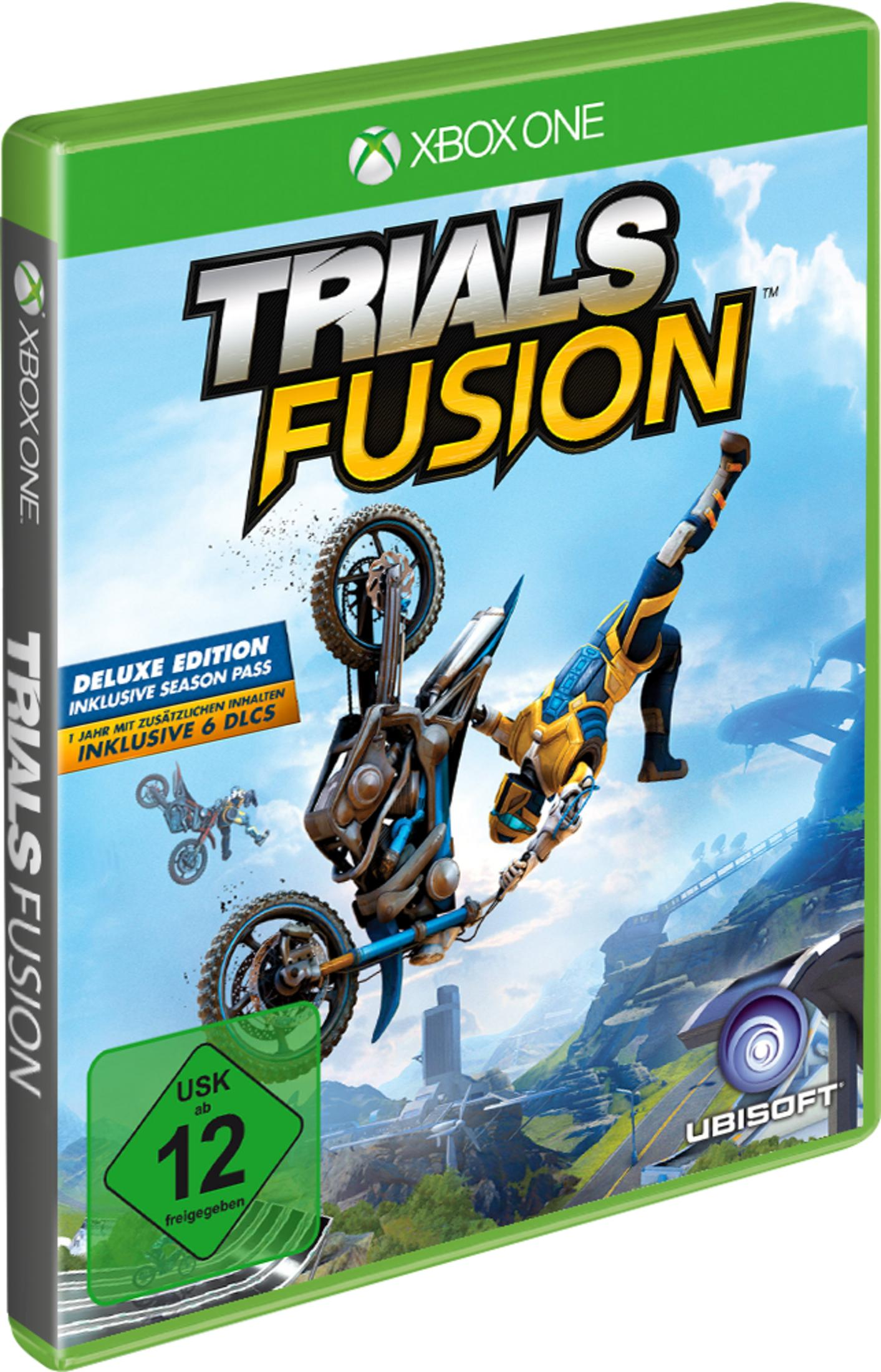 Spielbox für 'Trials Fusion' Xbox One. Zeigt eine Person auf einem Motorrad in der Luft.