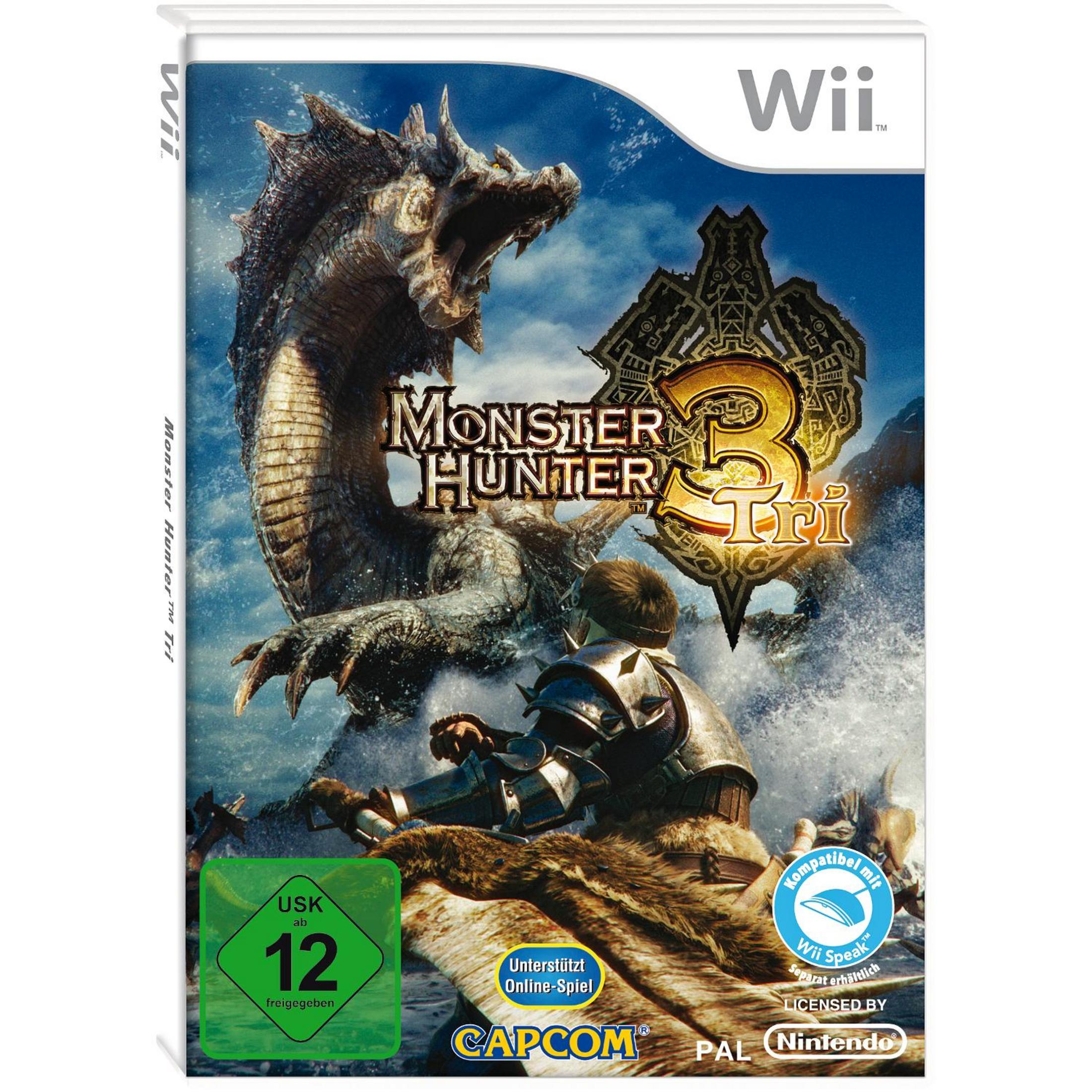Monster Hunter 3 Tri Spielcover. Monster, Krieger und Logo sind sichtbar.