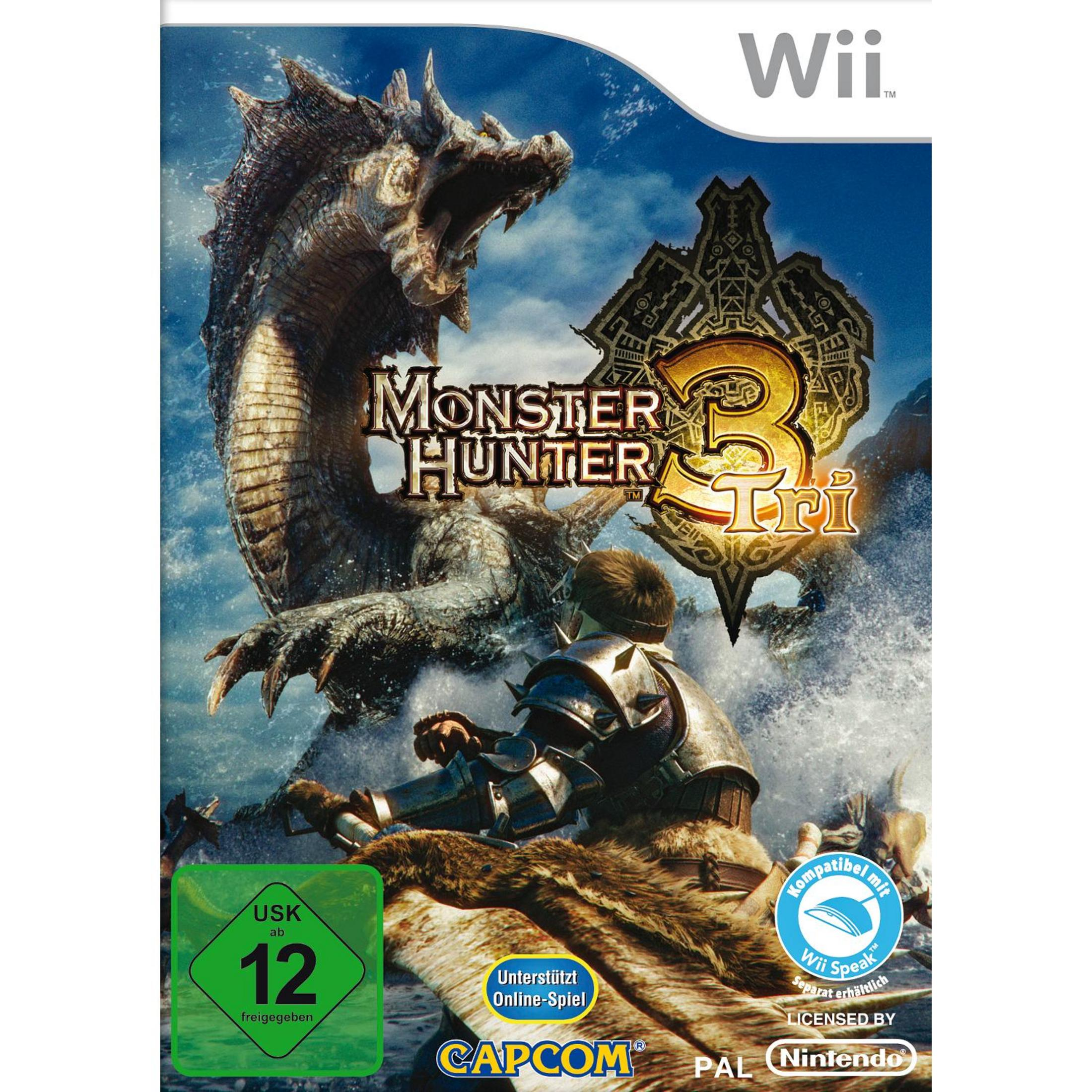Monster Hunter 3 Tri Spielcover. Monster, Krieger und Logo sind sichtbar.