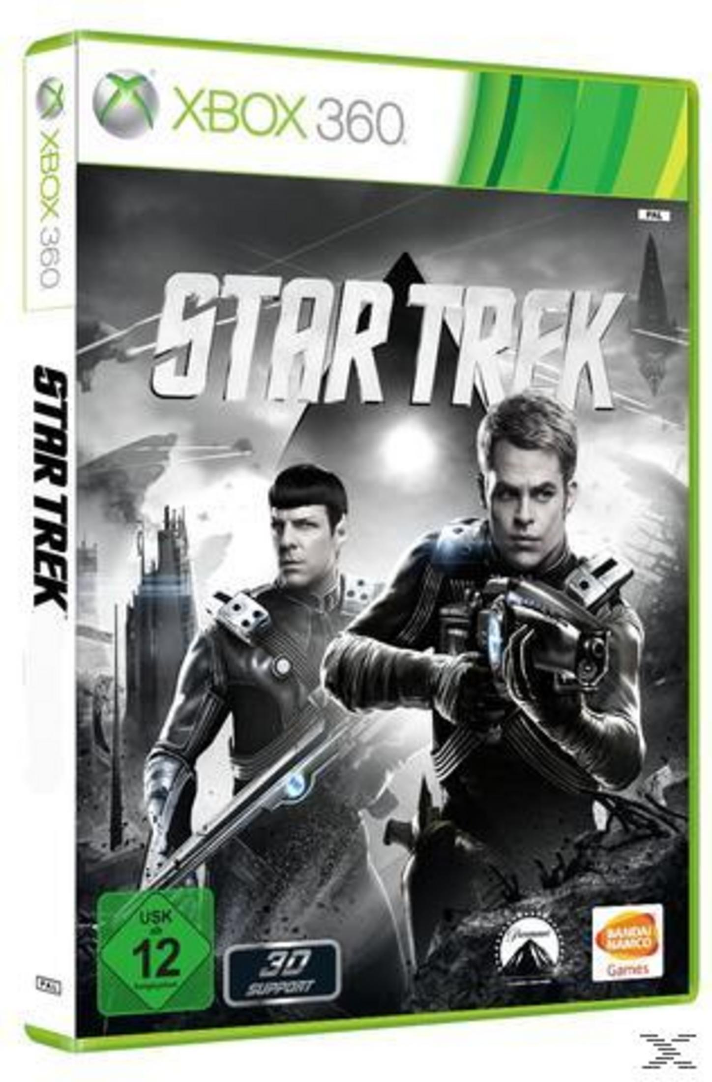Star Trek Xbox 360 Spielcover. Spock und Kirk halten Waffen, im Hintergrund eine futuristische Stadt.