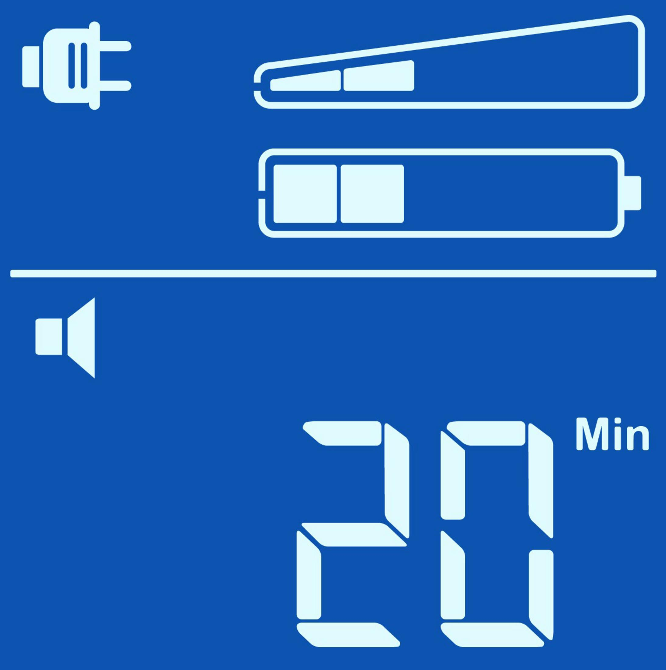 Nahaufnahme eines Digitaldisplays mit Batterie- und Stromsymbolen und 20 Min.