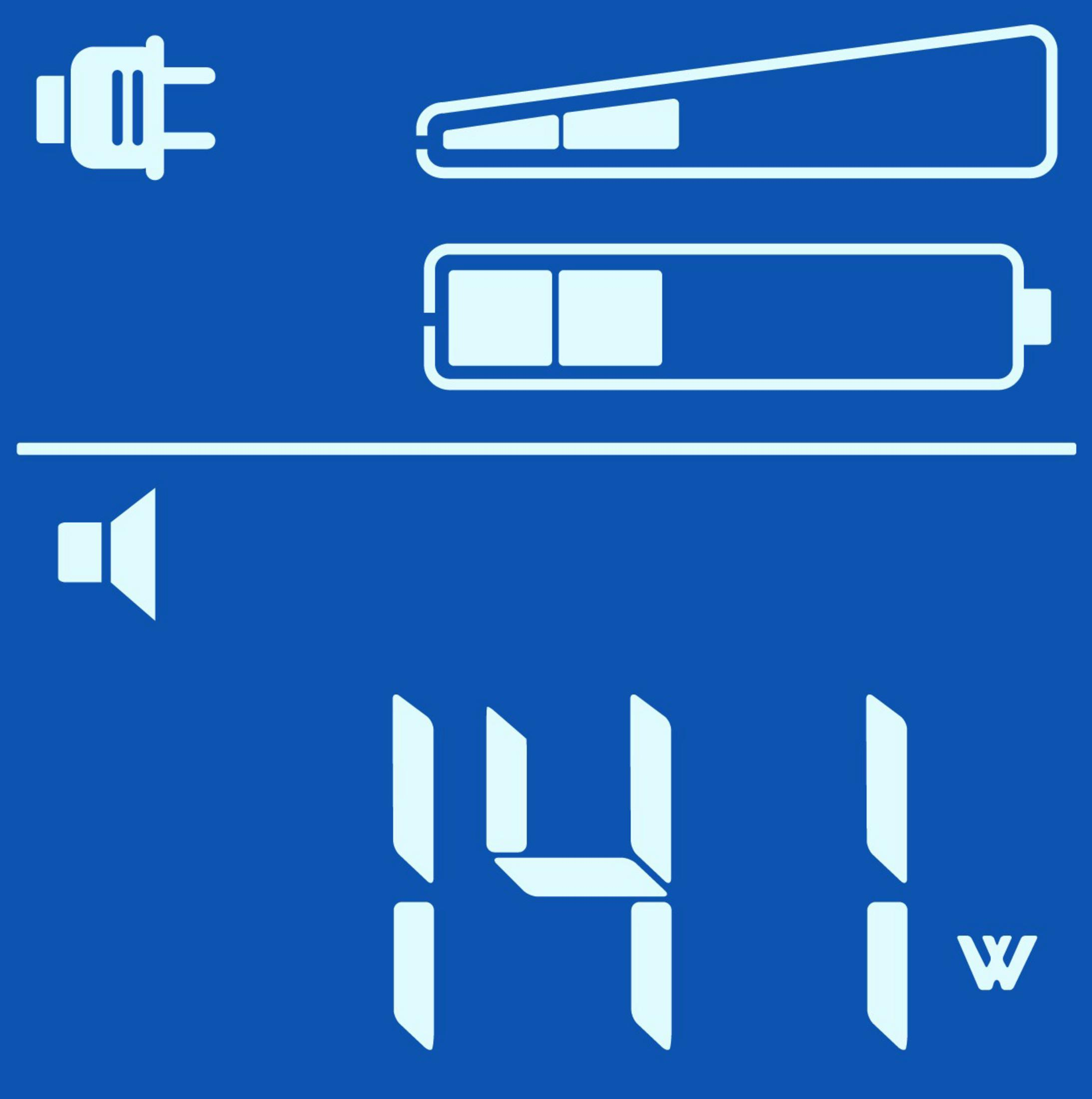 Eine blaue Digitalanzeige mit Batterie, Lautstärke und der Zahl 141.