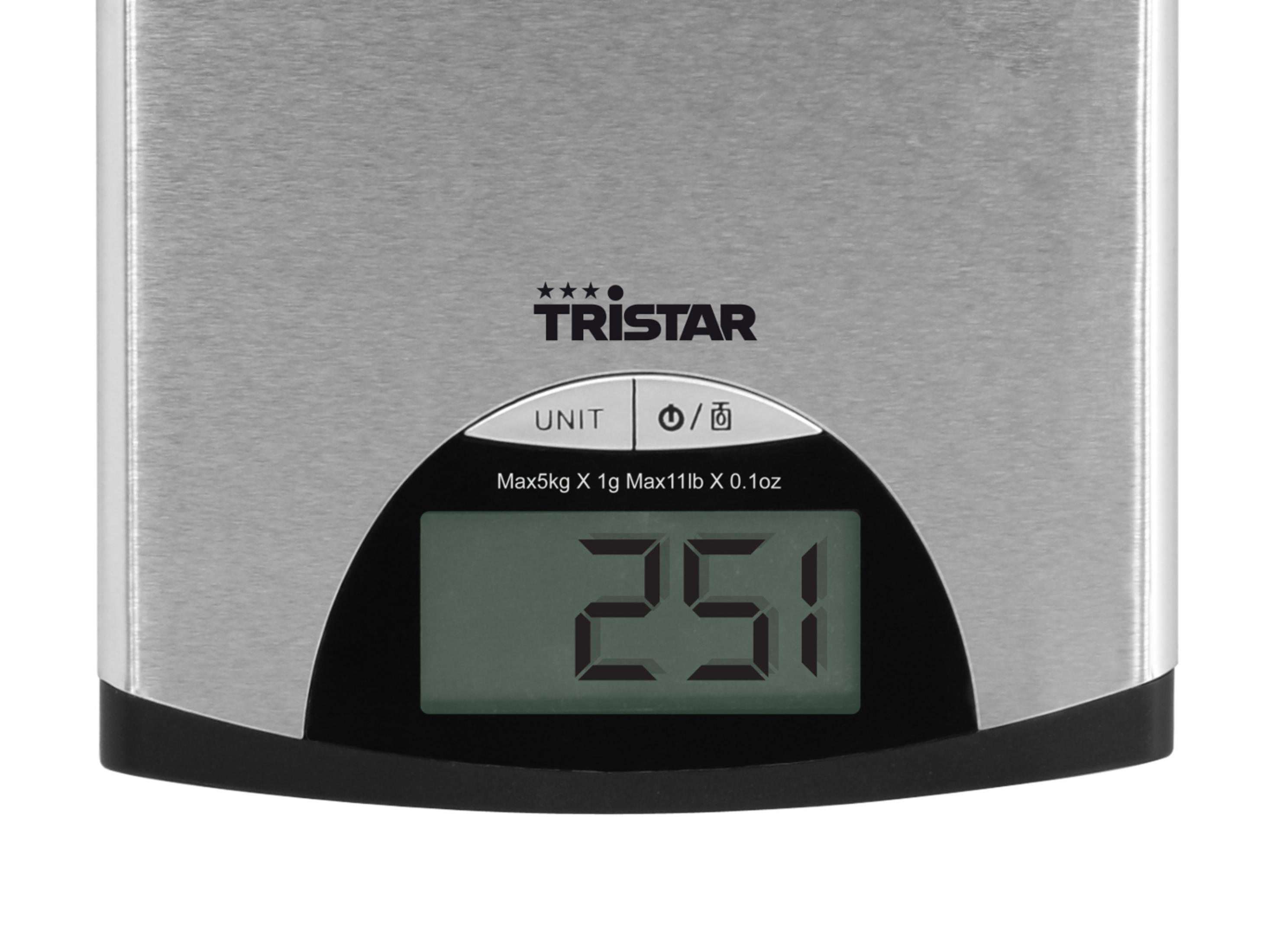 Bilancia digitale Tristar argento che mostra 251, base nera.