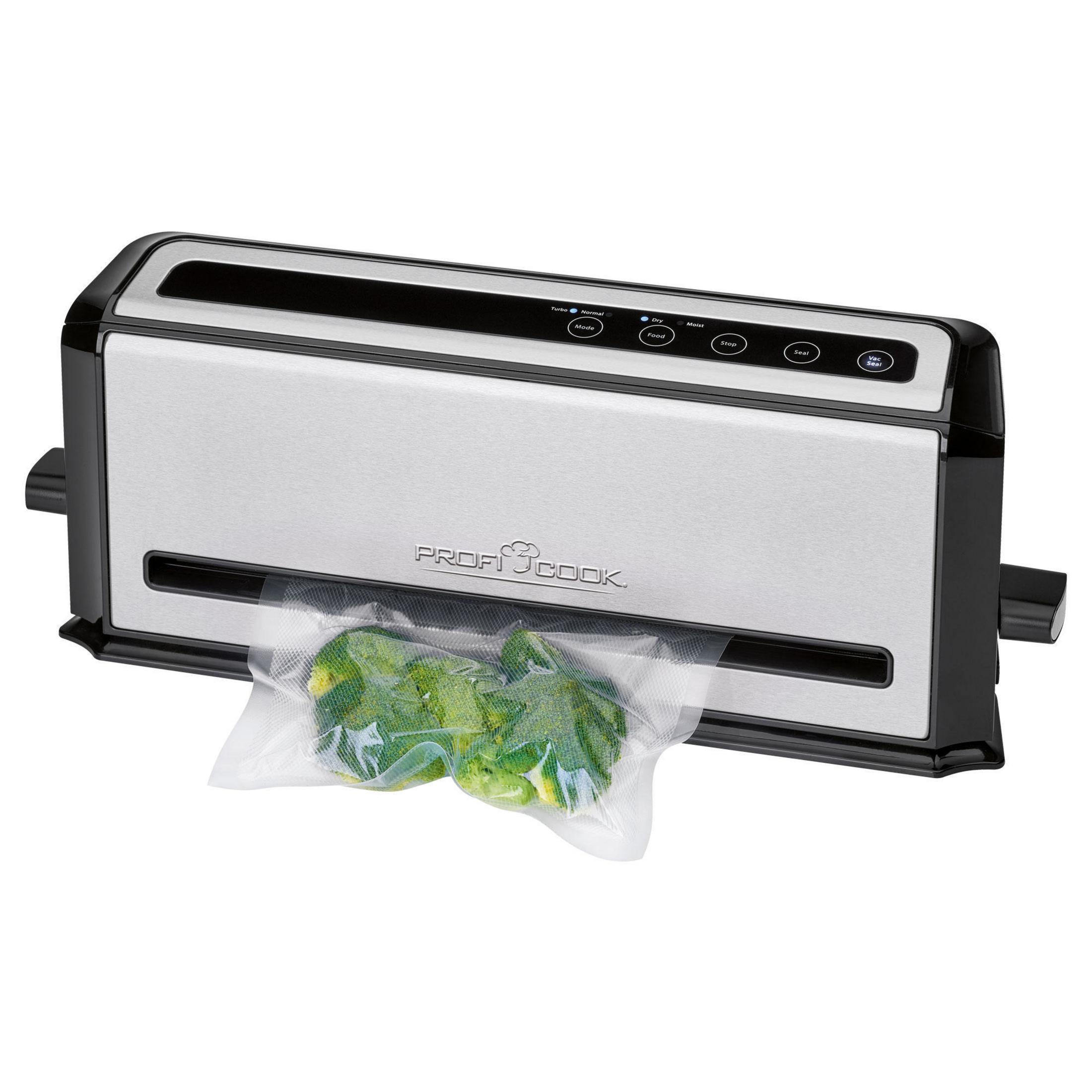 Zgrzewarka próżniowa zamykająca worek z zielonymi warzywami. Na urządzeniu napis 'ProfiCook'.