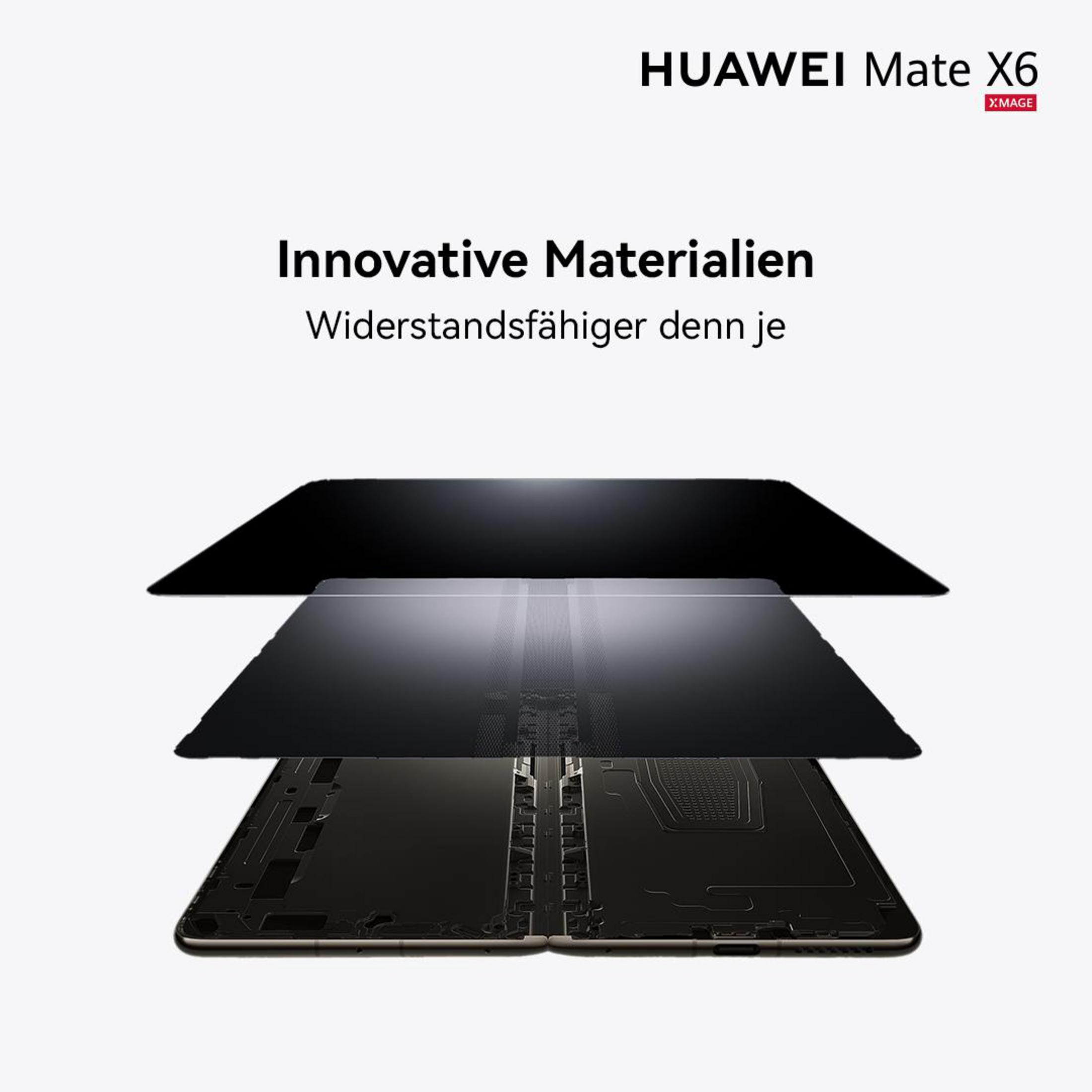 Schemat telefonu Huawei Mate X6. Tekst: Innowacyjne materiały, bardziej odporne niż kiedykolwiek.
