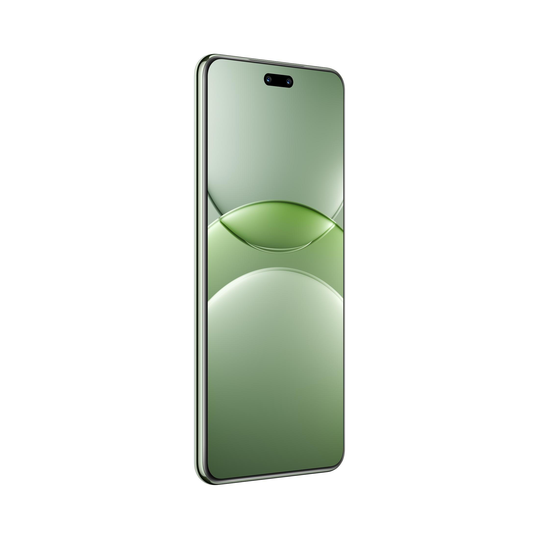 Ein grünes Smartphone, nach rechts geneigt, vor weißem Hintergrund.