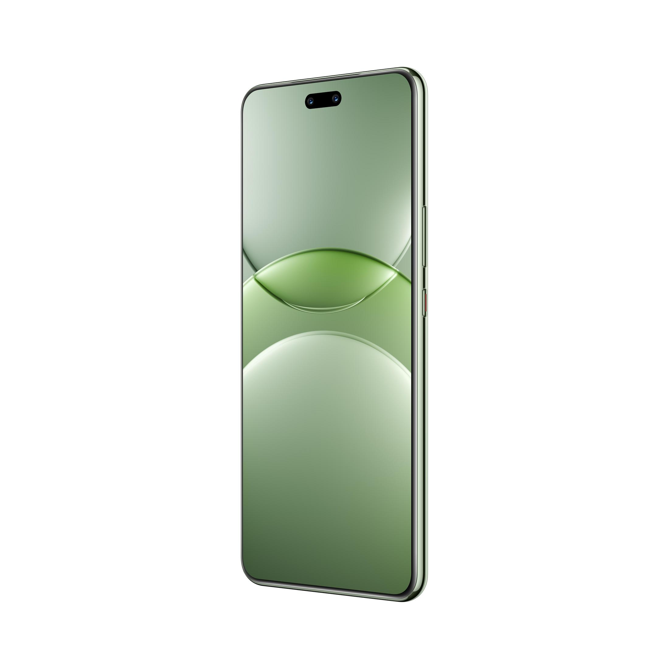 Ein grünes Smartphone mit gebogenem Bildschirm, Kameraausschnitt und schlankem, modernem Design.