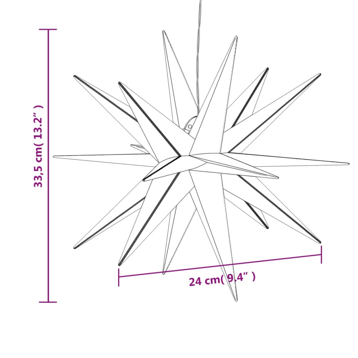 Sternförmige Hängeleuchte mit Maßangaben, 33,5 cm und 24 cm.