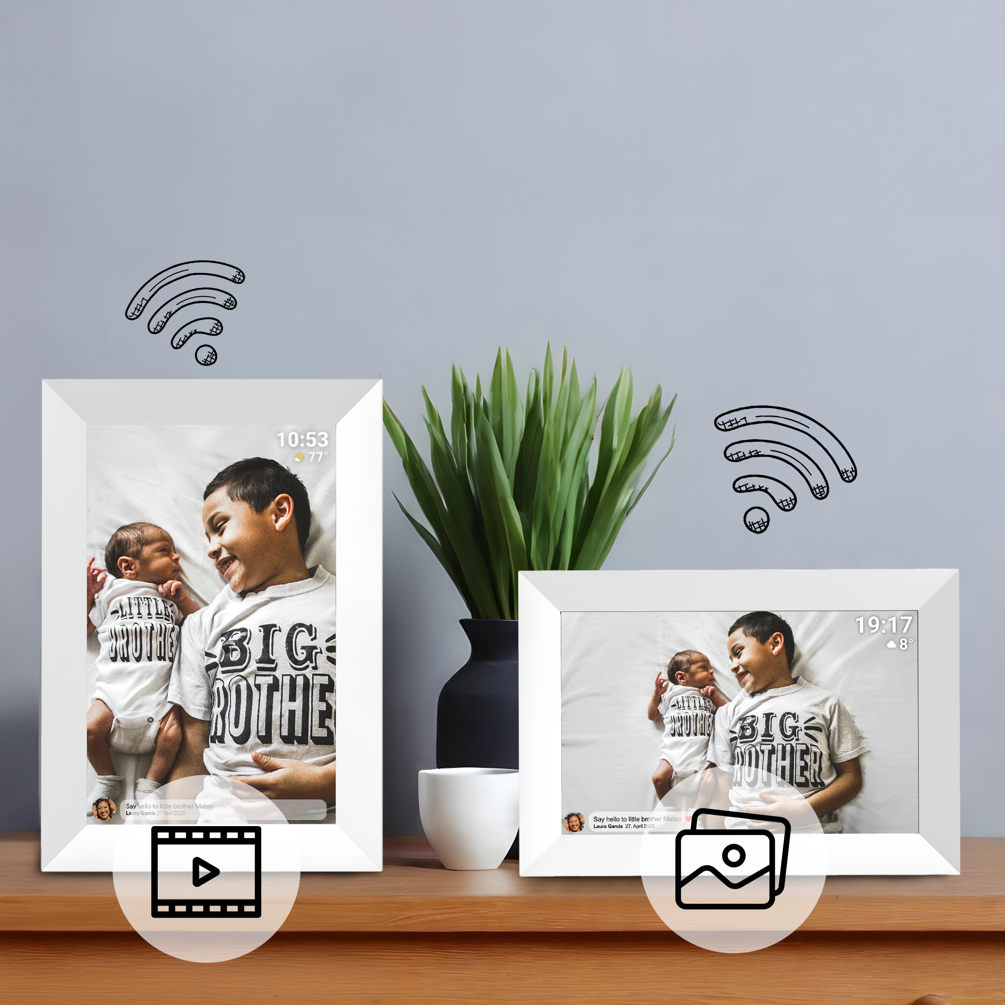 Two white framed photos on a wooden table. One shows a baby and a boy. The other shows the same.