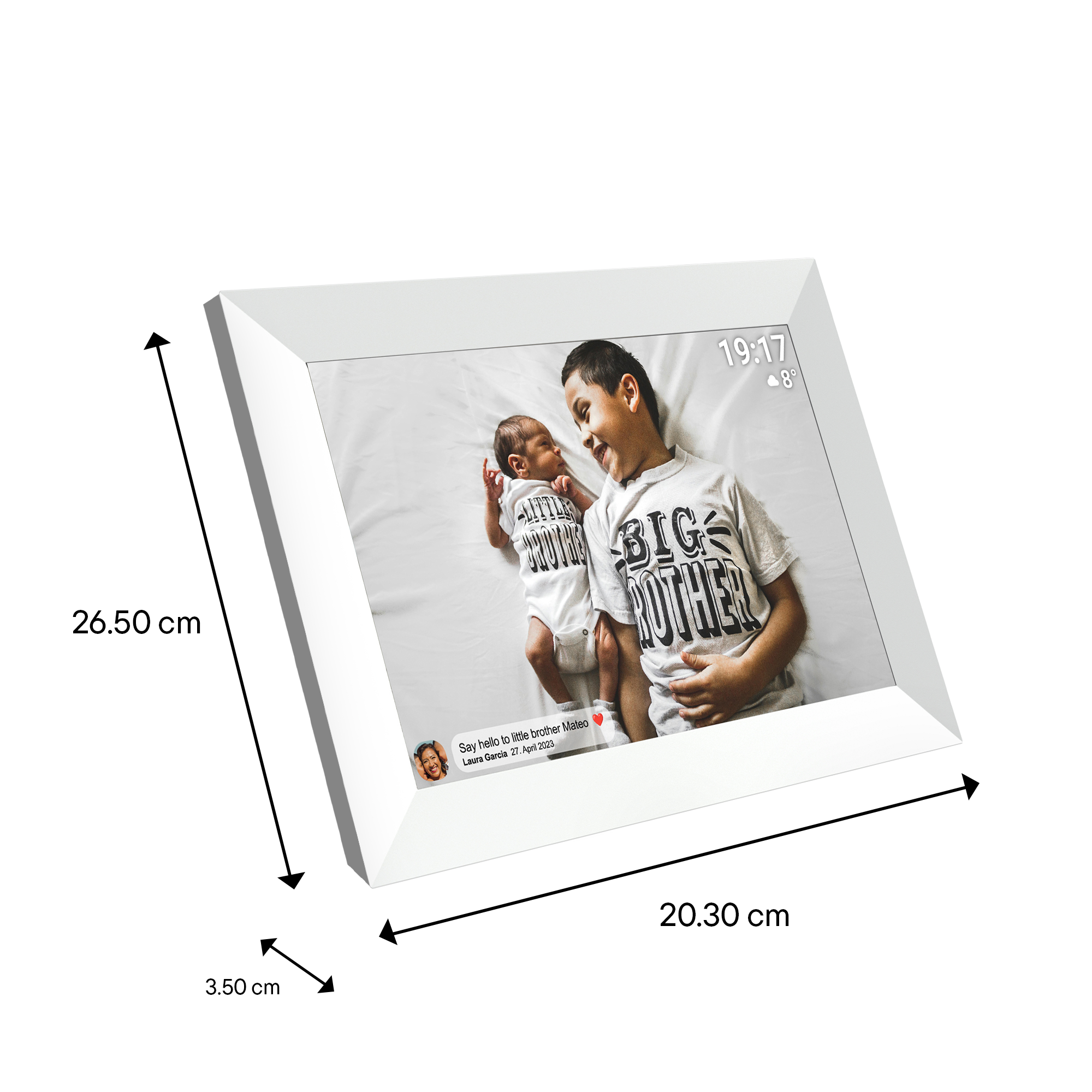 A white photo frame with two boys, with dimensions.